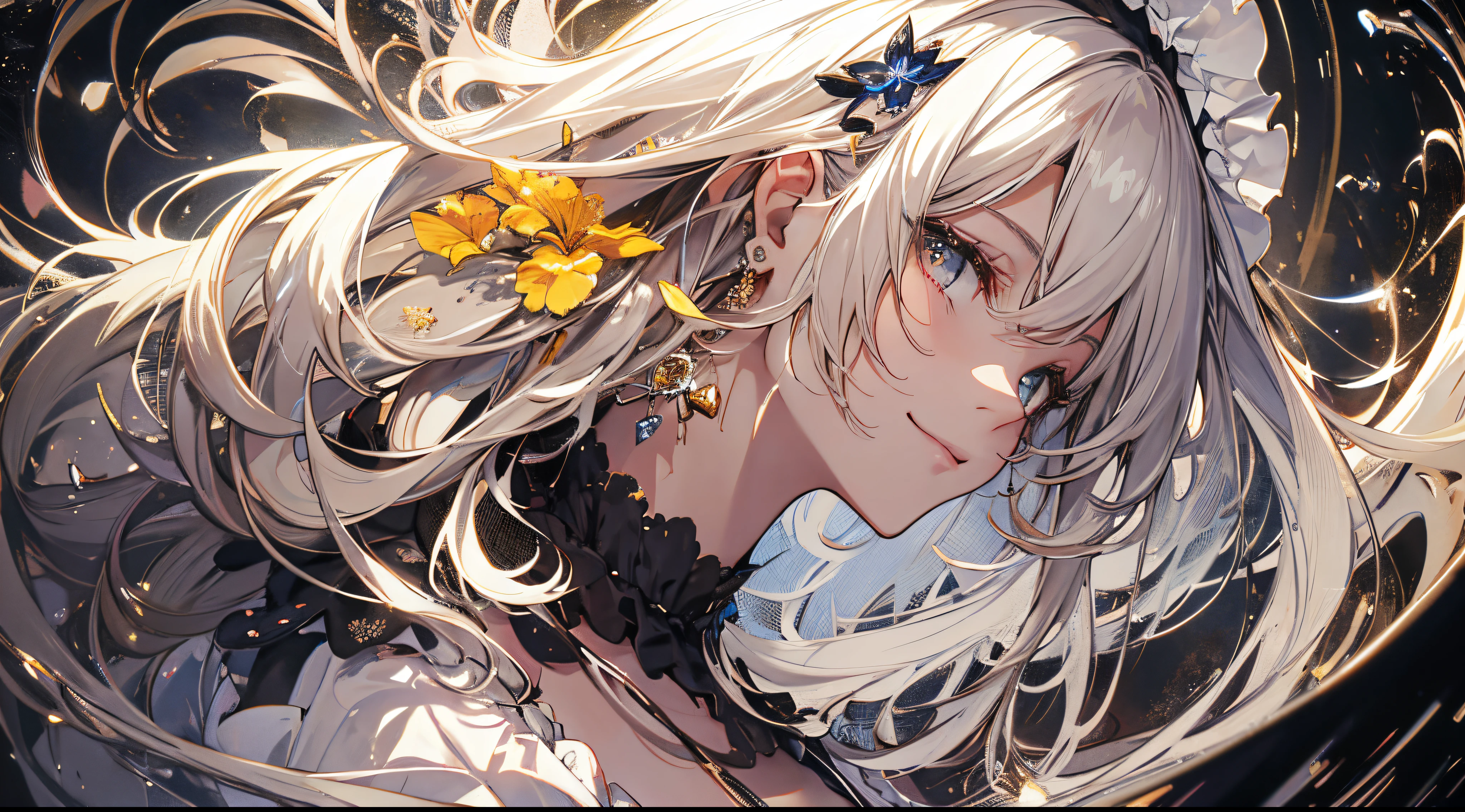((tmasterpiece:1.4,Best quality))+,(hyper-detailing)+,(詳細な目:1.5)+,(pointy ears:1.5),(cute girls),(gold eyes:1.5),(Long blonde hair:1.5),(lavender:1.2),pale-skinned,seduct smile,red crystal earrings,(White maid outfit:1.5),(black ribbon,White stockings,White apron:1.4),Stand up and salute,metal chains,Black silk gloves,Ice compress cleaning effect,Golden Palace,tropical garden,(Classical maid:1.1),(dawn light:1.2),(Thick black and white:1.16),(depth of fields:1.4),Complicated details,color mixing,Detailed route,Excellent,super detailing,The content is very detailed,(hight contrast:1.11),ventania,Amazing cleavage,beautidful eyes,messy hair,(best illuminate,Extremely Delicately Beautiful), ((movie light lighting)), (seen from the side:1.3),8K,tmasterpiece,Best quality,cinematic Film still from,1 plump girl,(Close-up cleavage:1.1),bright,Interesting,gentlesoftlighting,(bauhause,shape,line engineering,Abstract:1.1)offcial art, Unity 8k壁纸, ultra - detailed, Beautiful and beautiful, tmasterpiece, Best quality, (dynamic angle:1.4),Perfect NwsjMajic,(tmasterpiece,top-quality,Best quality,offcial art,Beauty and aesthetics:1.2),The content is very detailed,rich colourful,highest details,