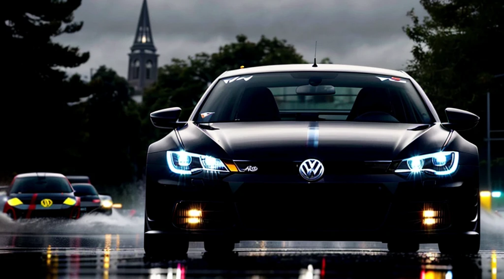Volkswagen car virtus, all Black, windows Black, black paint. 3/4 front camera view day rainy scene, blurred race motor speedway background , cloud and light reflection on car.wet Street after Rain, Gta style, all Black, shiny, Volkswagen virtus 2023, 8k, RAW, Perfect light, blurred City, Perfect photo, lavida Volkswagen, sedan, sport, race, little red details, tuning for indy race, Grand theft auto, Water splashes for the car passing fast on a wet track, little ralge that original