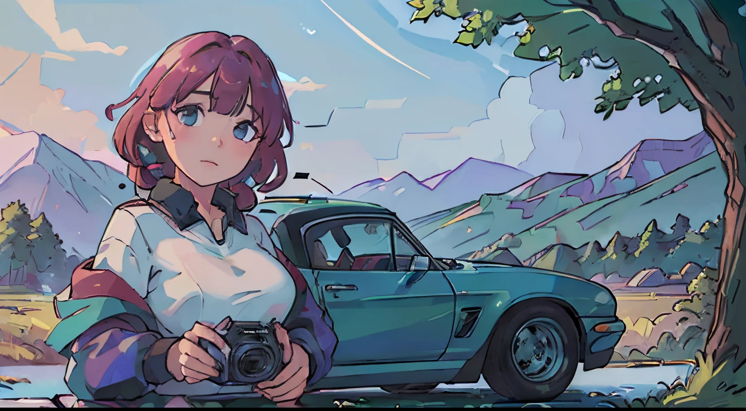 (best quality, high resolution:1.2), ultra-detailed, (realistic:1.37) car, beautiful outdoor scenery, detailed reflections on the car's surface, high-quality and precise painting, vibrant colors, natural lighting, with a girl next to it.