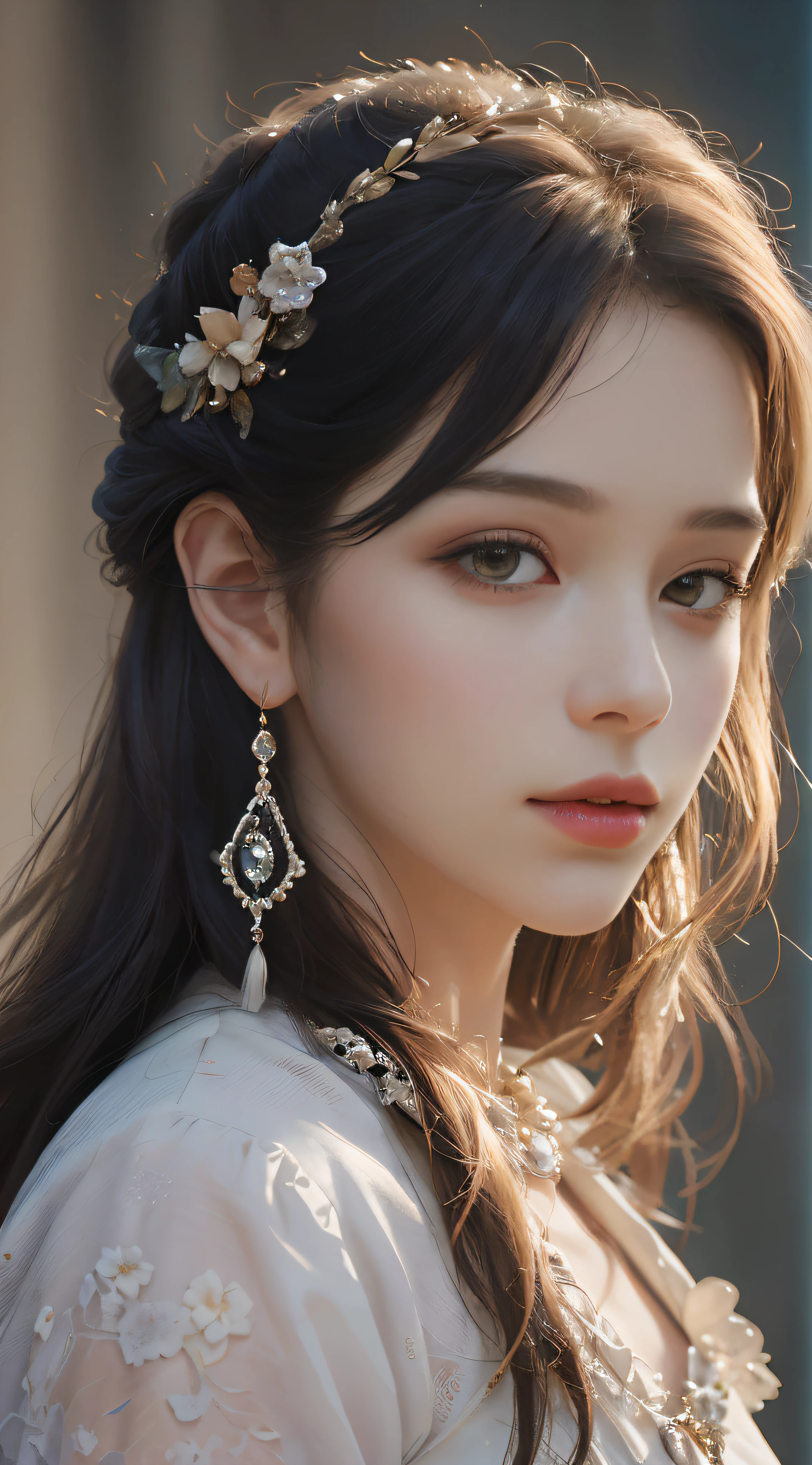 (Best quality, 4K, 8K, A high resolution, Masterpiece:1.2), Ultra-detailed, Realistic portrait of an aristocratic maiden, Exquisite facial features，Detailed expression, Graceful posture, Dreamy atmosphere, expressive brush strokes, mystical ambiance, Artistic interpretation,Delicately coiled hair，Delicate floral jewelry，Small fresh aesthetics，Stunning intricate costumes, a whimsical illustration, Subtle colors and tones, mystical aura,The details have been upgraded