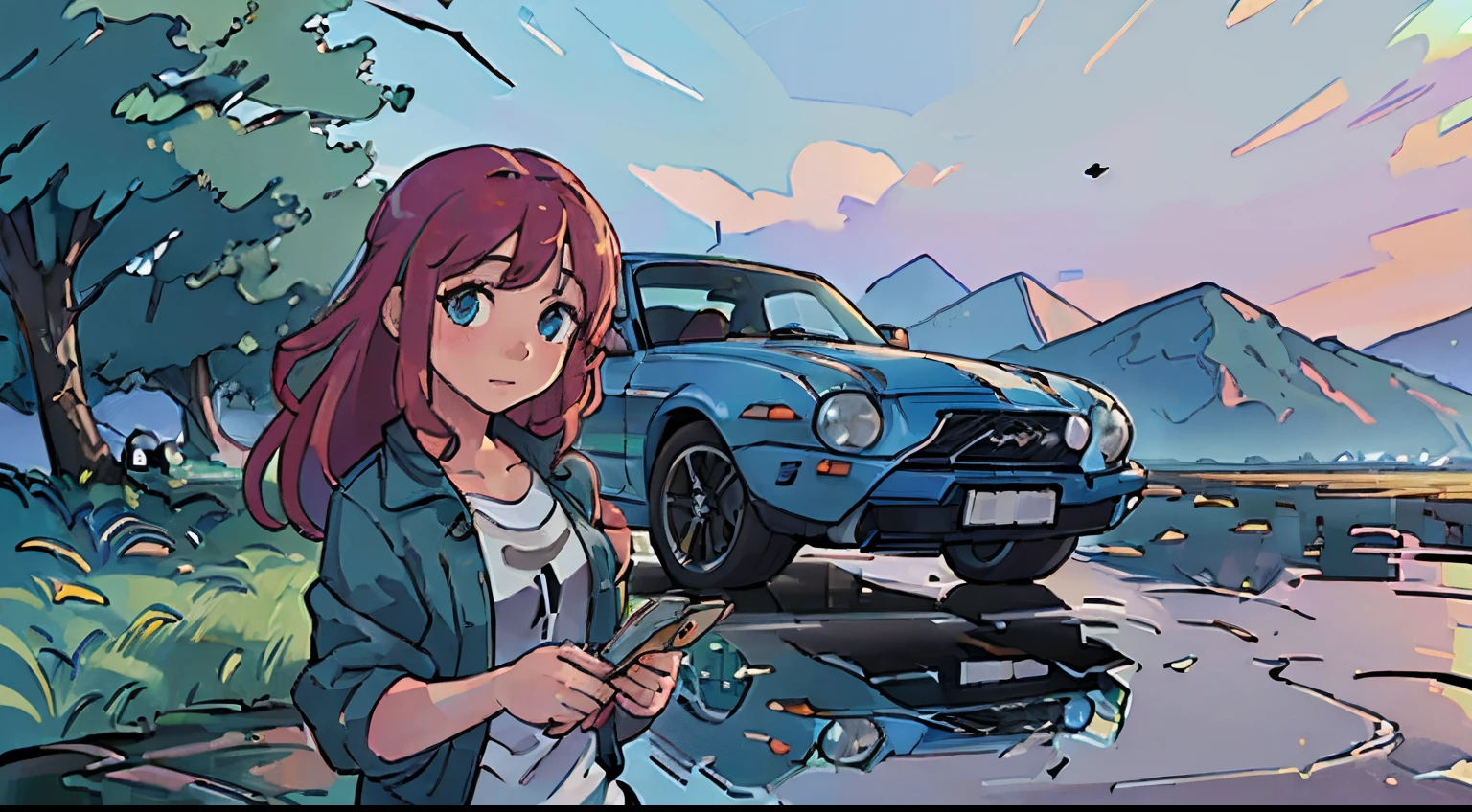(best quality, high resolution:1.2), ultra-detailed, (realistic:1.37) car, beautiful outdoor scenery, detailed reflections on the car's surface, high-quality and precise painting, vibrant colors, natural lighting, with a girl next to it.