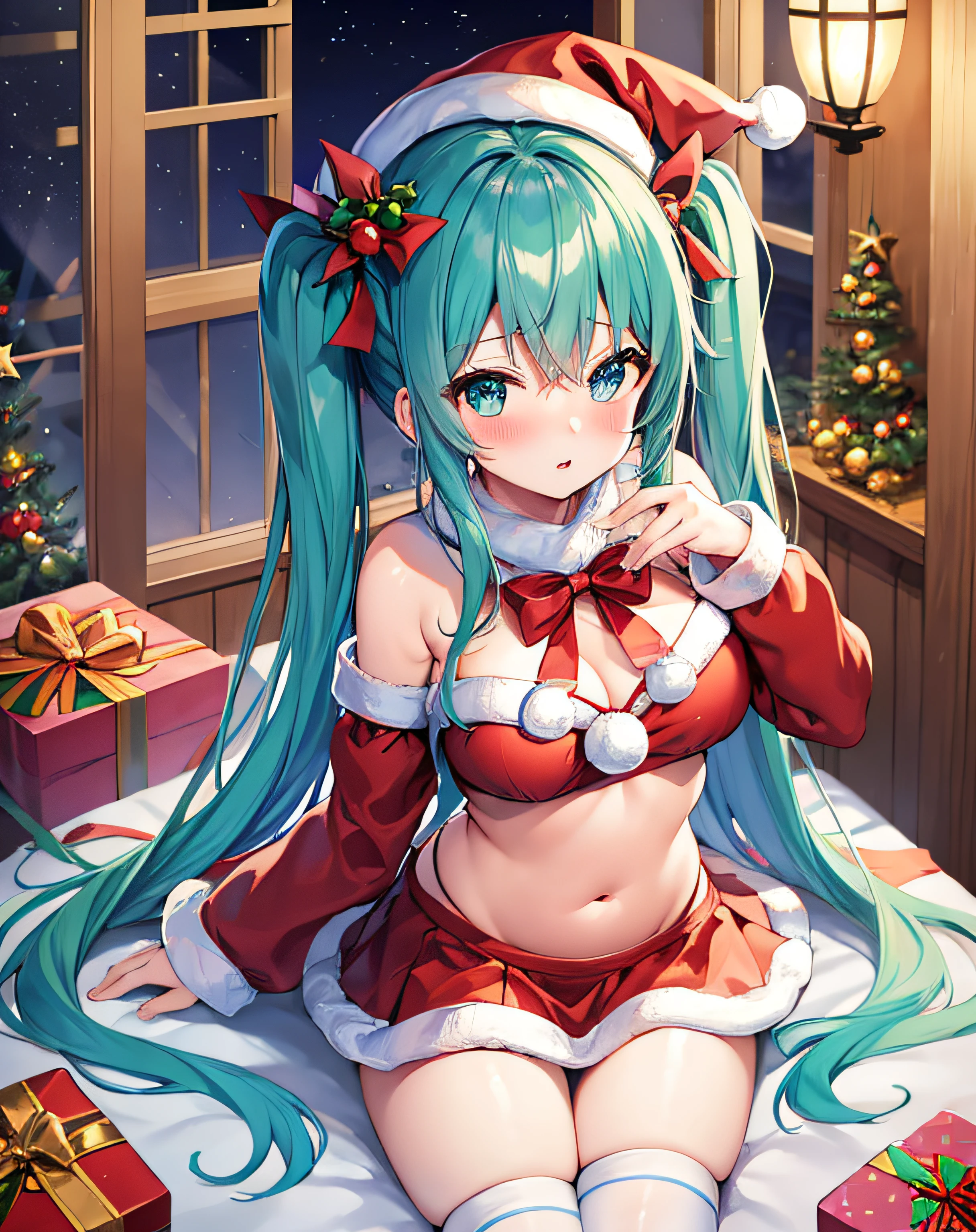 masterpiece、Top image quality、超A high resolution、NSFW、miku hatsune、blue hairs、Twin-tailed、Blushing、Cute and shy、Santa costume with belly button exposed、Santa Costume Mini Skirt、Wearing a Santa Hat、large firm breasts、well-shaped breasts、well-shaped navel、knee sox、Striped panties、There are some small gift boxes、Night、Christmas
