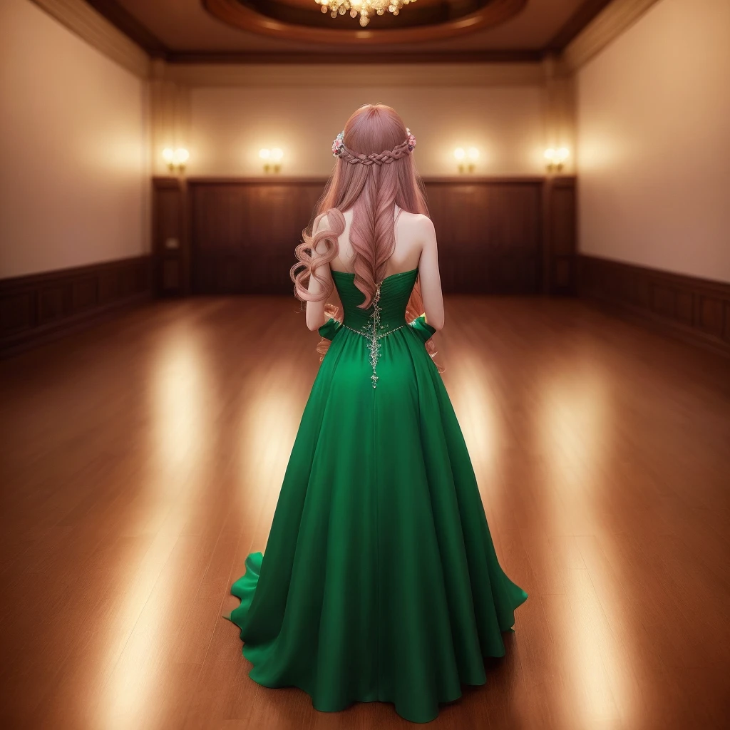 A lot of people are watching. pink brown long hair. Elegant and simple dark emerald green dress. center of party venue. Beautiful back view.