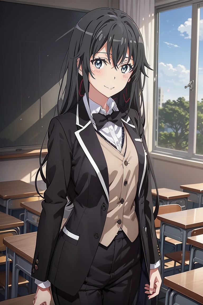 Illustration of a girl, yukinoshita yukino, 1girl, ((Anime)) 8k, colored , wearing a tuxedo tailcoat, pants, seelk suit, classroom background detailed quality