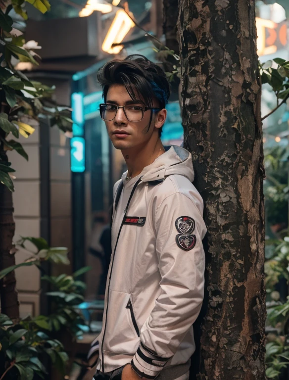 Change background cyberpunk handsome boy ,real face 8k ultra realistic
