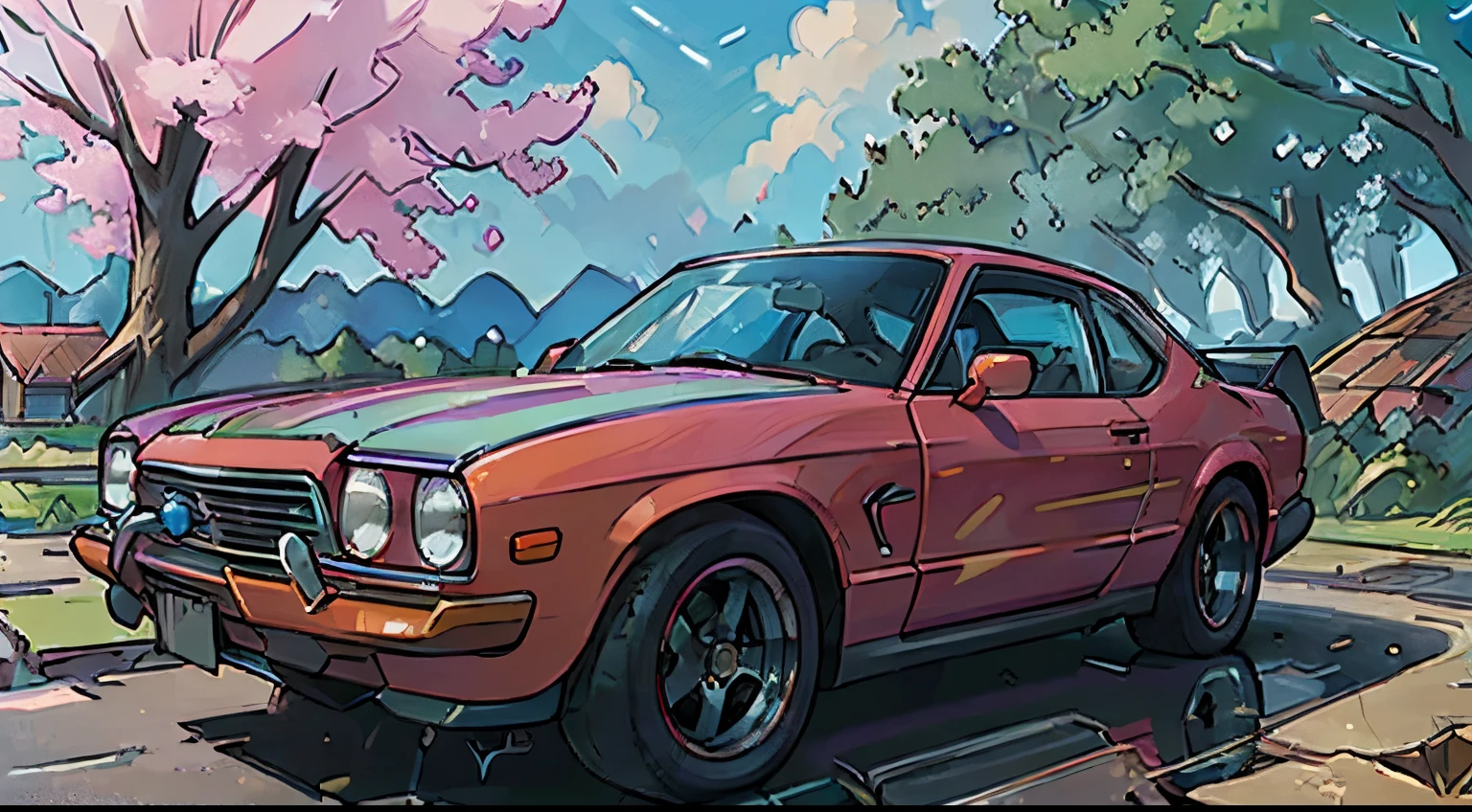 (best quality, high resolution:1.2), ultra-detailed, (realistic:1.37) car, beautiful outdoor scenery, detailed reflections on the car's surface, high-quality and precise painting, vibrant colors, natural lighting, with a girl next to it.