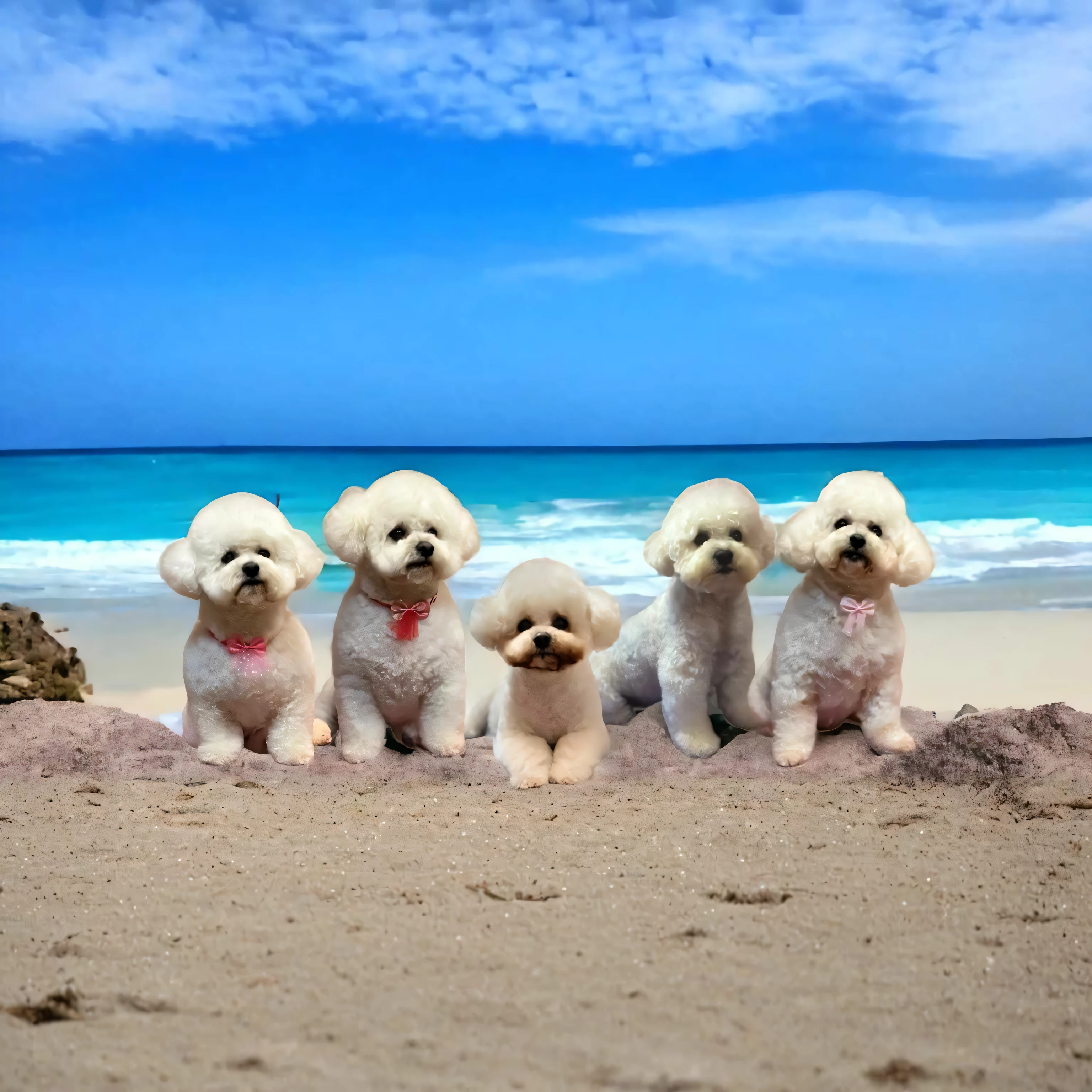 three white dogs sitting on a beach with a blue sky in the background, at the beach, on a sunny beach, sitting at the beach, it's is relaxing on a beach, sitting on the beach, relaxing at the beach, is relaxing on a beach, posing on the beach, on a beach, at a beach, sunny day at beach, on the beach