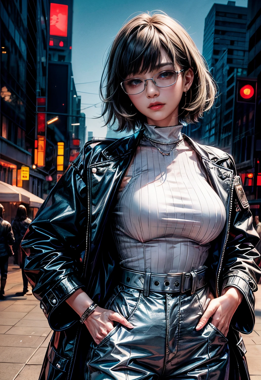 Cinematic lighting,super detailed skin、Beautiful detailed eyes、Best Quality,cyberpunked,(Alternative、dim colors, Soothing tones、Perfect Anatomy:1.3),(1beautiful woman、Detailed beautiful facial features:1.3)(black hair shorthair、eye glass:1.5)well-shaped breasts、BREAK.White Shirt Tops、Black Satin Suit Slacks、(purple fur down jacket)BREAK.A dark-haired、big frame glasses、hands in the pocket、arms in arms、Near city station、natta。jpn, Colossal tits