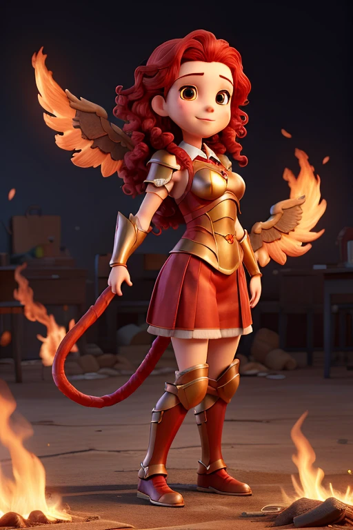 schoolgirls,red long curly hair,Bronze armor,red phoenix wings,Burning flames,frontage,doll
