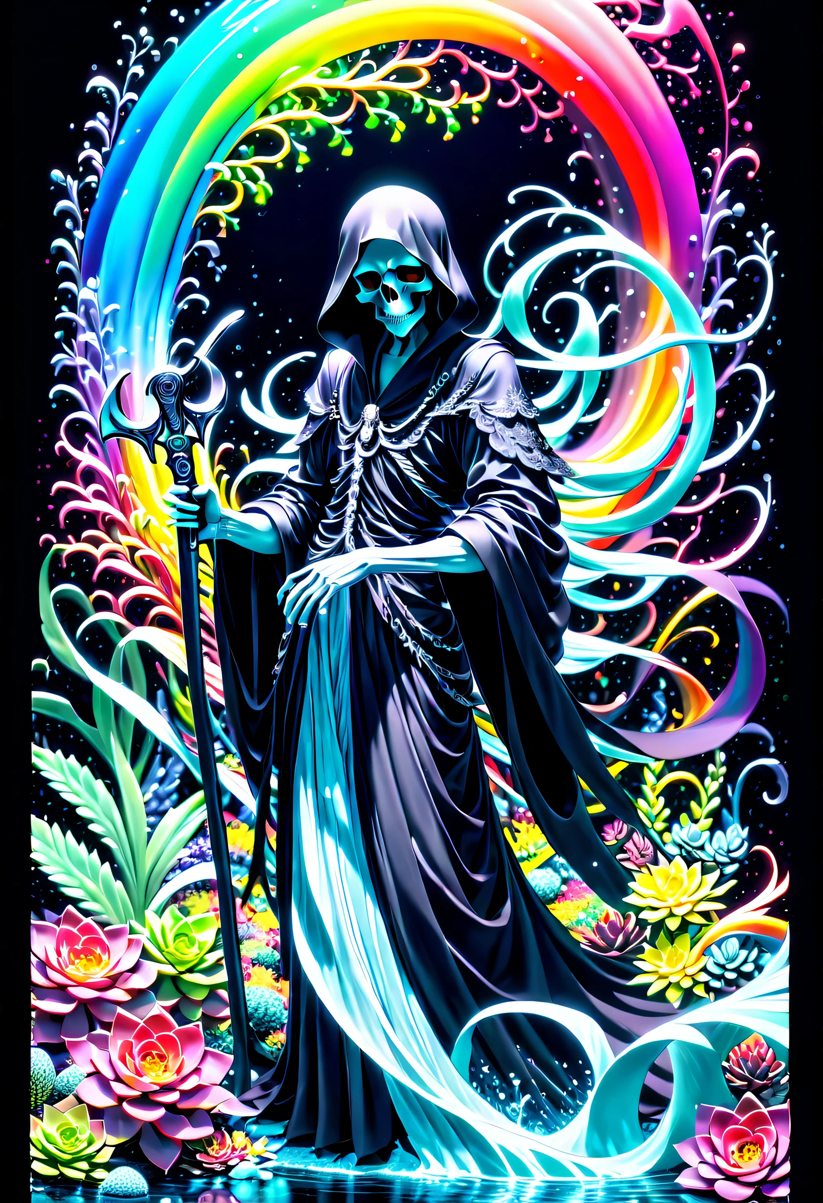 (((dark cyan black_Light painting with dazzling detail and texture art:1.3))), (((Beautiful horror grim reaper holding for a long time_large Scythe:1.3))), (((1 piece of swallowtail butterfly with plenty of glittering scale powder:1.2))), (((To a juicy planet:1.3))), (((Seamless insane fusion design:1.4))), great atmosphere pose, Black_light style, (((Illustration of different styles of top and bottom art:1.3))), (((under the rainbow_Color_Water tornado due to upper radiation and release:1.6))), All capture beautiful details Black_light glow, (((Beautiful detail glow:1.3))), (((Smooth, fluid, dark eyes:1.1))), Mysterious beauty, elegant twist, Swirls and sparkling glass, Dim lighting, (((high contrast resolution:1.1))), (((Delicate touch:1.5))), (((pop splash succulent neon_Hazy glow_garden background details:1.1))), (((Intricate details:1.3))), (((fantasy fairy illustration:1.2))), matte paint, mezzotint, detailed gouache painting, heavy stroke mix, ((Eternity and dark fantasy wishes:1.1)), (((Exquisitely clear details:1.4))), (((true masterpiece:1.4))), UHD drawing,