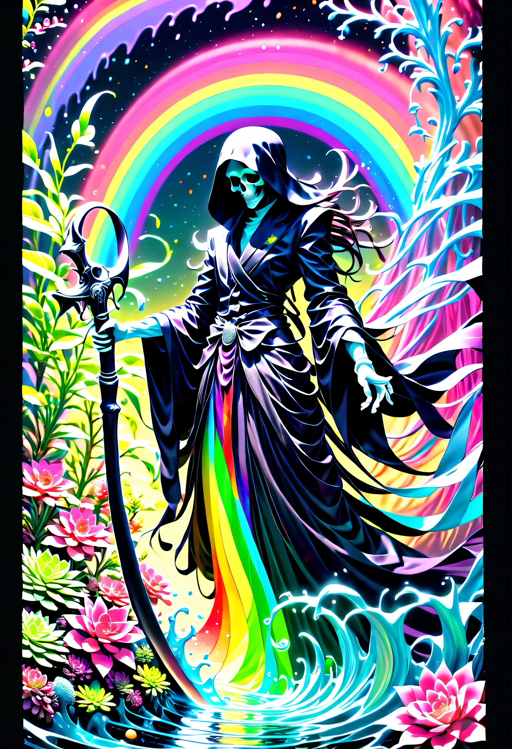 (((rich color black_Light painting with dazzling detail and texture art:1.3))), (((Beautiful horror grim reaper holding for a long time_large Scythe:1.3))), (((1 piece of swallowtail butterfly with plenty of glittering scale powder:1.2))), (((To a juicy planet:1.3))), (((Seamless insane fusion design:1.4))), great atmosphere pose, Black_light style, (((Illustration of different styles of top and bottom art:1.3))), (((under the rainbow_Color_Water tornado due to upper radiation and release:1.6))), All capture beautiful details Black_light glow, (((Beautiful detail glow:1.3))), (((Smooth, fluid, dark eyes:1.1))), Mysterious beauty, elegant twist, Swirls and sparkling glass, Dim lighting, (((high contrast resolution:1.1))), (((Delicate touch:1.5))), (((pop splash succulent neon_Hazy glow_garden background details:1.1))), (((Intricate details:1.3))), (((fantasy fairy illustration:1.2))), matte paint, mezzotint, detailed gouache painting, heavy stroke mix, ((Eternity and dark fantasy wishes:1.1)), (((Exquisitely clear details:1.4))), (((true masterpiece:1.4))), UHD drawing,