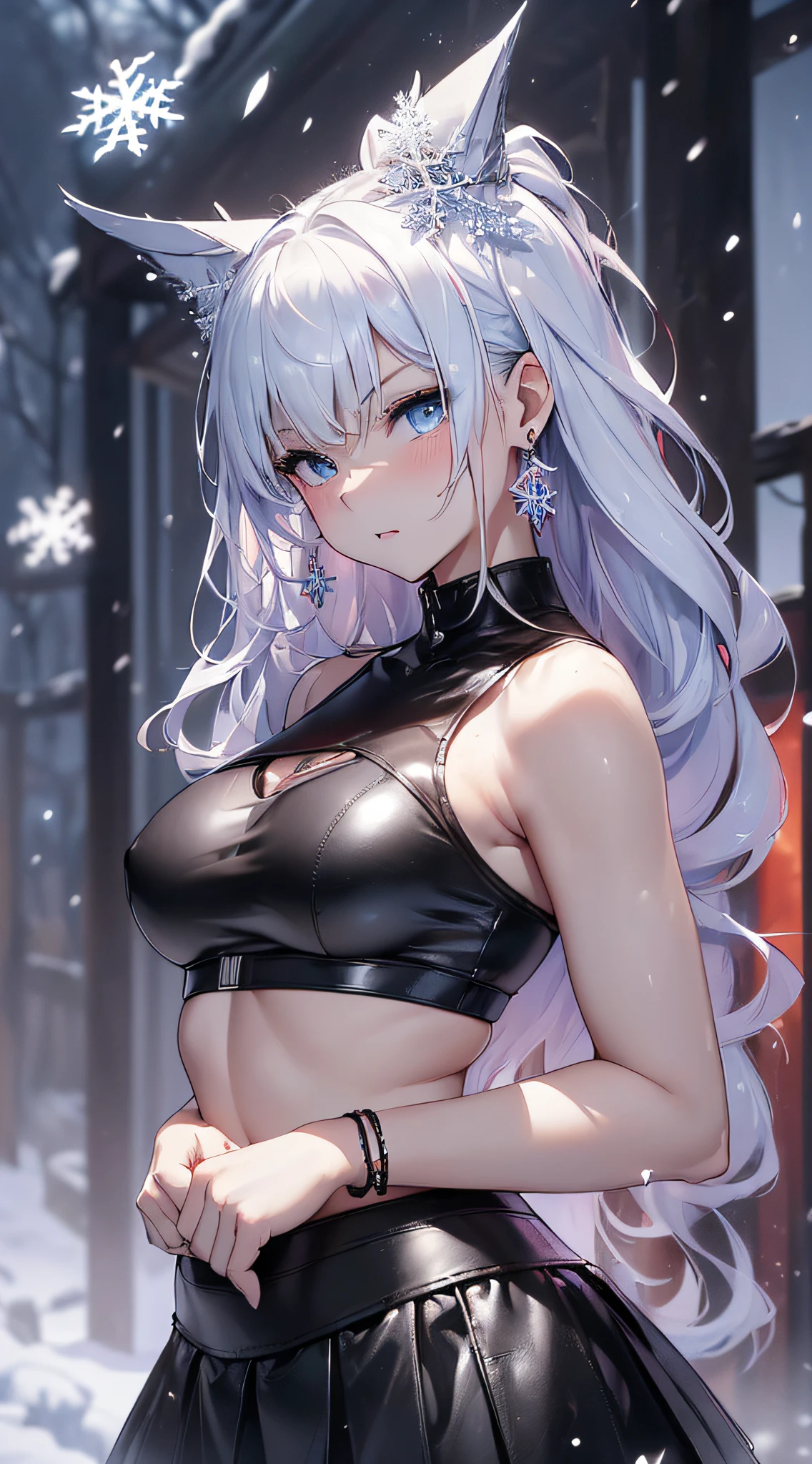 top-quality、Top image quality、masterpiece、girl with((Black Leather Sports Bra、black rollout jacket、Black leather skirt、sixteen years old、 ager、cute little、Best Bust、big bast,Beautiful light blue eyes、Breasts wide open, a blond、A slender,Large valleys、belligerent movements,Warlike face、Holding a handgun、dye one's cheeks red、fighting poses、Laugh、sapphire earrings、exhale white)),hiquality、Beautiful Art、Background with((universes、snowflakes falling、Heavy snow falls、camp fire)))、masutepiece、depth of fields,8K
