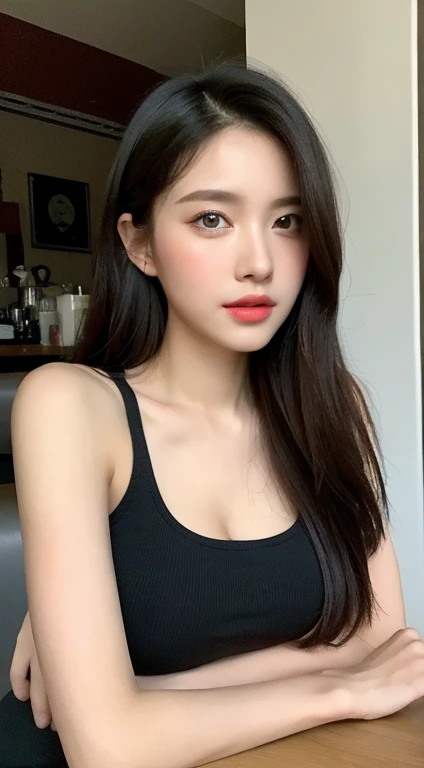 （lifelike， high-res：1.3）， 1 Girl with perfect body， Ultra-fine face and eyes，Long black hair, long-haired:1.9， Tank tops of random colors：1.2， Wear casual clothing， In a café， Coffee on the table， large boobs:1.8，Exposing disharmony，My air conditioner，dress， （photorealistic portrait： 1.4）， （Hyper realisitc： 1.4）， （lifelike： 1.3）， （Smooth Lighting： 1.05）， （Improve cinematic lighting quality： 0.9）， 10， 1 girl，