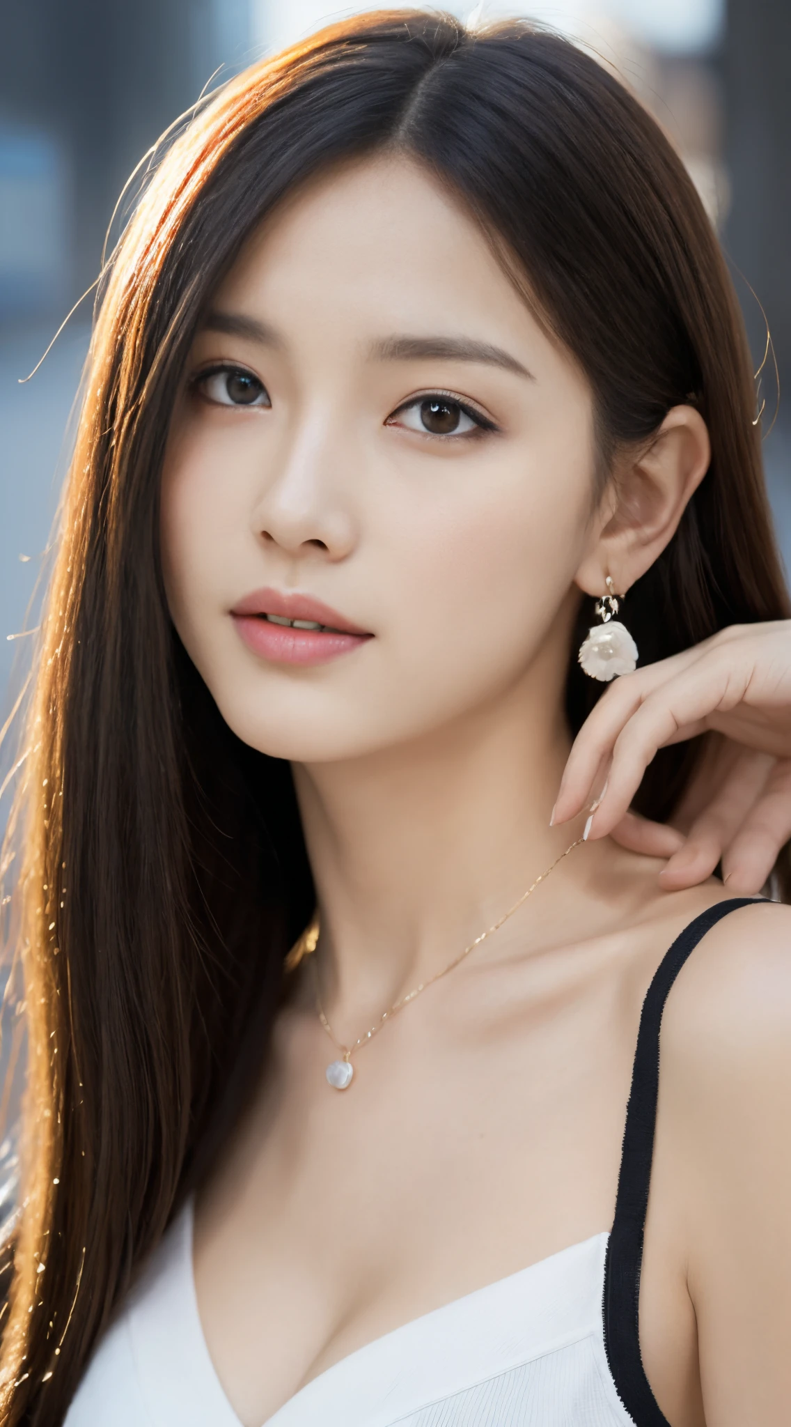 ((Best Quality, 8K, Masterpiece: 1.3)), (Flower Cap: 1.3), Focus: 1.2, Perfect Body Beauty: 1.4, Buttocks: 1.2, (Layered Haircut: 1.2)), (Dark Street: 1.3), solo, Highly Detailed Face and Skin Texture, Full Body, Delicate Eyes, Double Eyelids, Whitened Skin, Long Hair, (Round Face: 1.5), (Loose Crop Top, Shorts: 1.6), high resolution, big breasts, detailed realistic breasts, beautiful breasts, realistic smooth white skin, detailed realistic hands, detailed realistic fingers, perfect human body ratio, perfect women figure, sexy, sexual expression, seducing, tight clothes, transparent clothes, extremely detailed, ultra realistic, smooth lighting, detailed eyes, detailed realistic hair, slim abs, detailed realistic arms, realistic human body posture, tight transparent bra, detailed realistic women body parts, young beautiful girl, sexy girl, detailed realistic necklace, detailed realistic ears, earings, detailed realistic bra texture