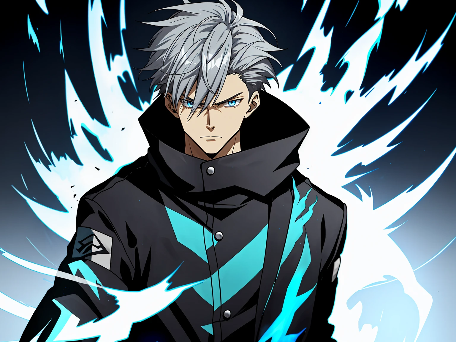 Short silver-gray hair、dressed in a black jacket,Blue flame background,male anime characters