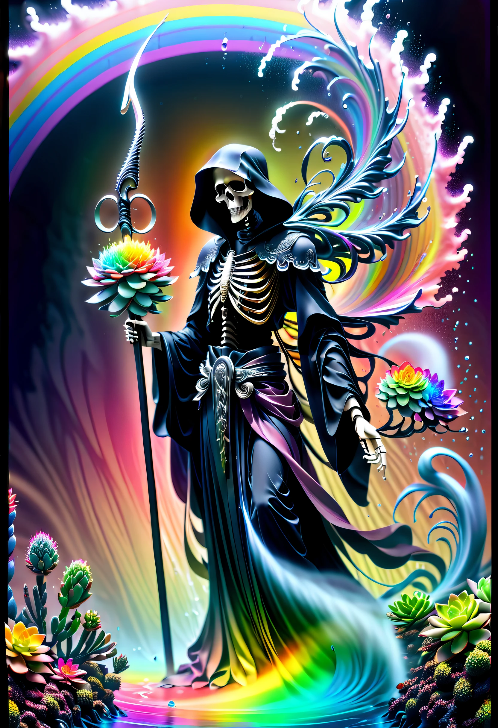 (((rich color black_Light painting with dazzling detail and texture art:1.3))), (((Beautiful horror grim reaper holding for a long time_large Scythe:1.3))), (((1 piece of swallowtail butterfly with plenty of glittering scale powder:1.2))), (((To a juicy planet:1.3))), (((Seamless insane fusion design:1.4))), great atmosphere pose, Black_light style, (((Illustration of different styles of top and bottom art:1.3))), (((under the rainbow_Color_Water tornado due to upper radiation and release:1.6))), All capture beautiful details Black_light glow, (((Beautiful detail glow:1.3))), (((Smooth, fluid, dark eyes:1.1))), Mysterious beauty, elegant twist, Swirls and sparkling glass, Dim lighting, (((high contrast resolution:1.1))), (((Delicate touch:1.5))), (((pop splash succulent neon_Hazy glow_garden background details:1.1))), (((Intricate details:1.3))), (((fantasy fairy illustration:1.2))), matte paint, mezzotint, detailed gouache painting, heavy stroke mix, ((Eternity and dark fantasy wishes:1.1)), (((Exquisitely clear details:1.4))), true masterpiece,