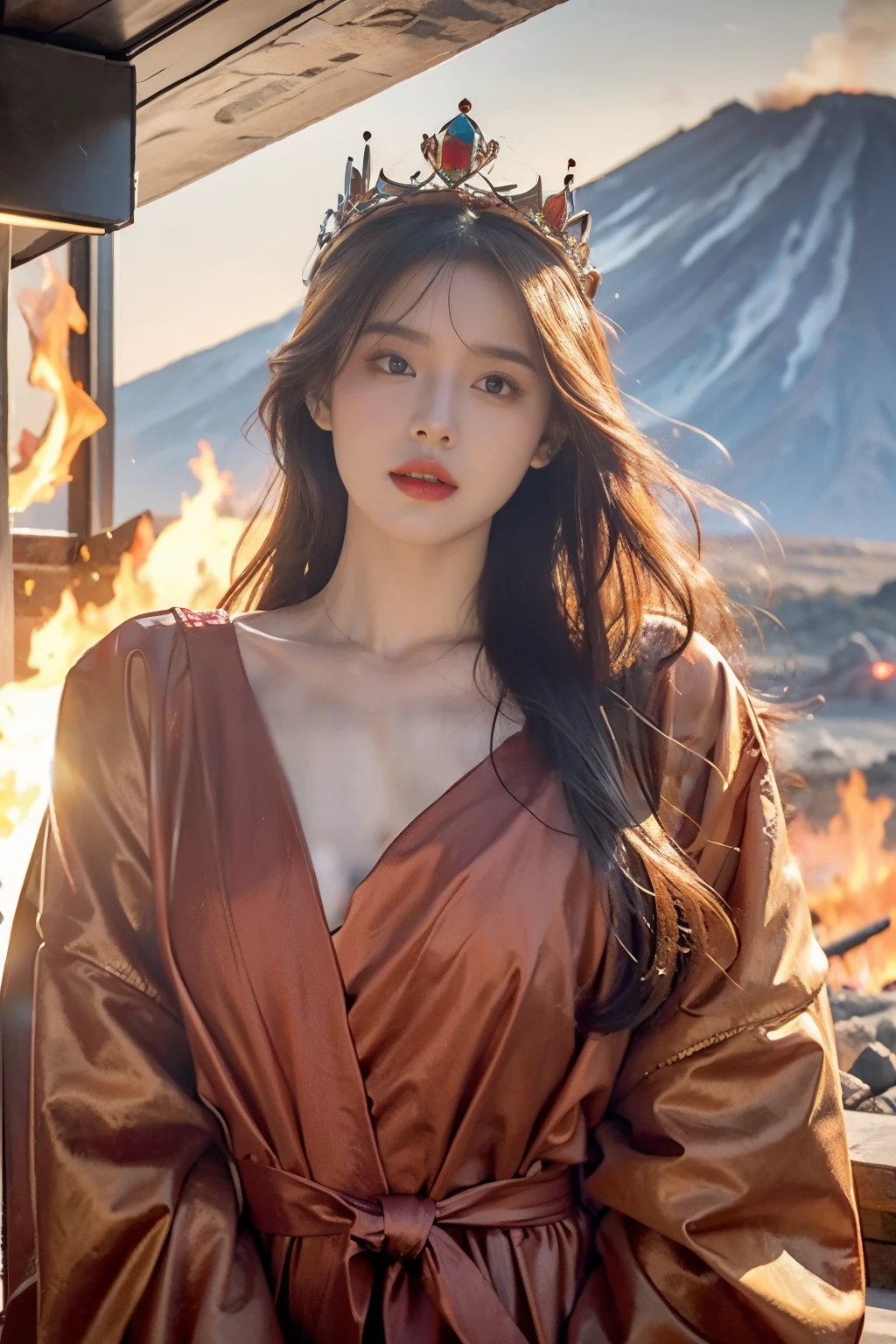 photo-realism、top-quality、超高分辨率、photore、(fully body photo)(long stockings)(Very detailed faces),(intricately details)Photos of the most beautiful Nordic girls in the world、The queen of volcanoes stands in front of a majestic landscape of lava eruptions,Dressed in a flowing red robe,As if blending into the surrounding magma。On her head is a crown made of volcanic rock and precious stones,Gemstones sparkle with orange and gold light,Matching the fire in her eyes。Her long hair fell like a waterfall,Emit orange-red light,Shines even more under the reflection of magma。She is surrounded by attendants wearing flame-patterned cloaks.,Reflecting her majesty and power over the volcano。Her eyes are firm and majestic,It seems to be the incarnation of this volcano,Every move she makes is like the breathing of the earth and the flow of magma,Demonstrate the supreme authority of the Volcano Queen。