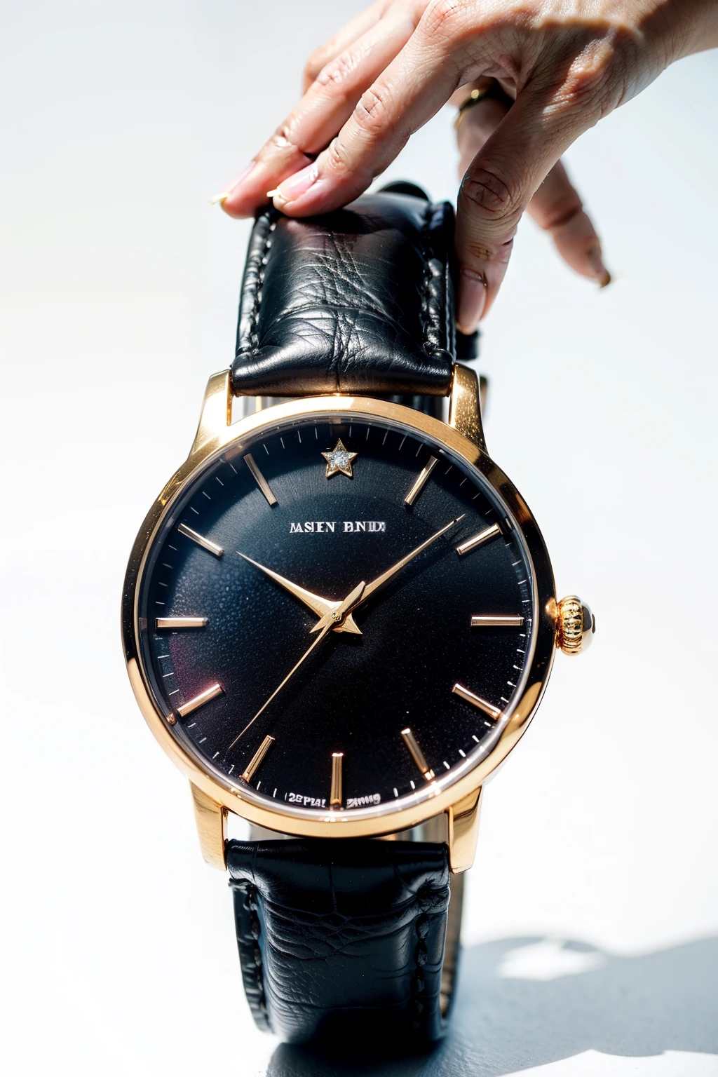 Just hands,An outstretched hand carries a golden watch,The table should look like HD,The material is better,Silver white watch ring,Leather strap,Wear this watch on your wrist and stick it out in the center of the screen,Don't be human,Just an outstretched hand,The background is a gradient color,Dotted with stars,The whole thing should have a sense of simplicity。