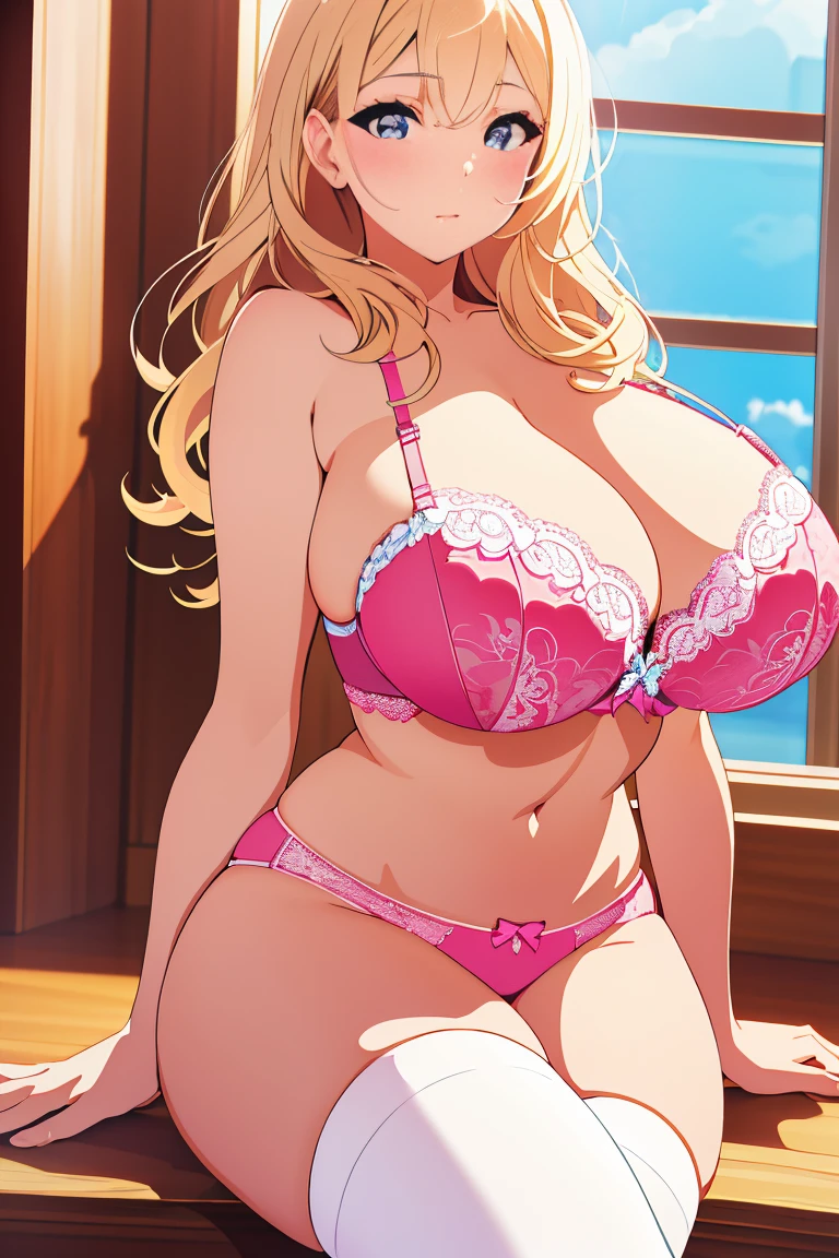 masterpiece, best quality, extremely detailed,official art,sexy woman,blonde hair,(huge breasts),curvy,shiny skin,break,pink bra,pink panties,white thighhighs,