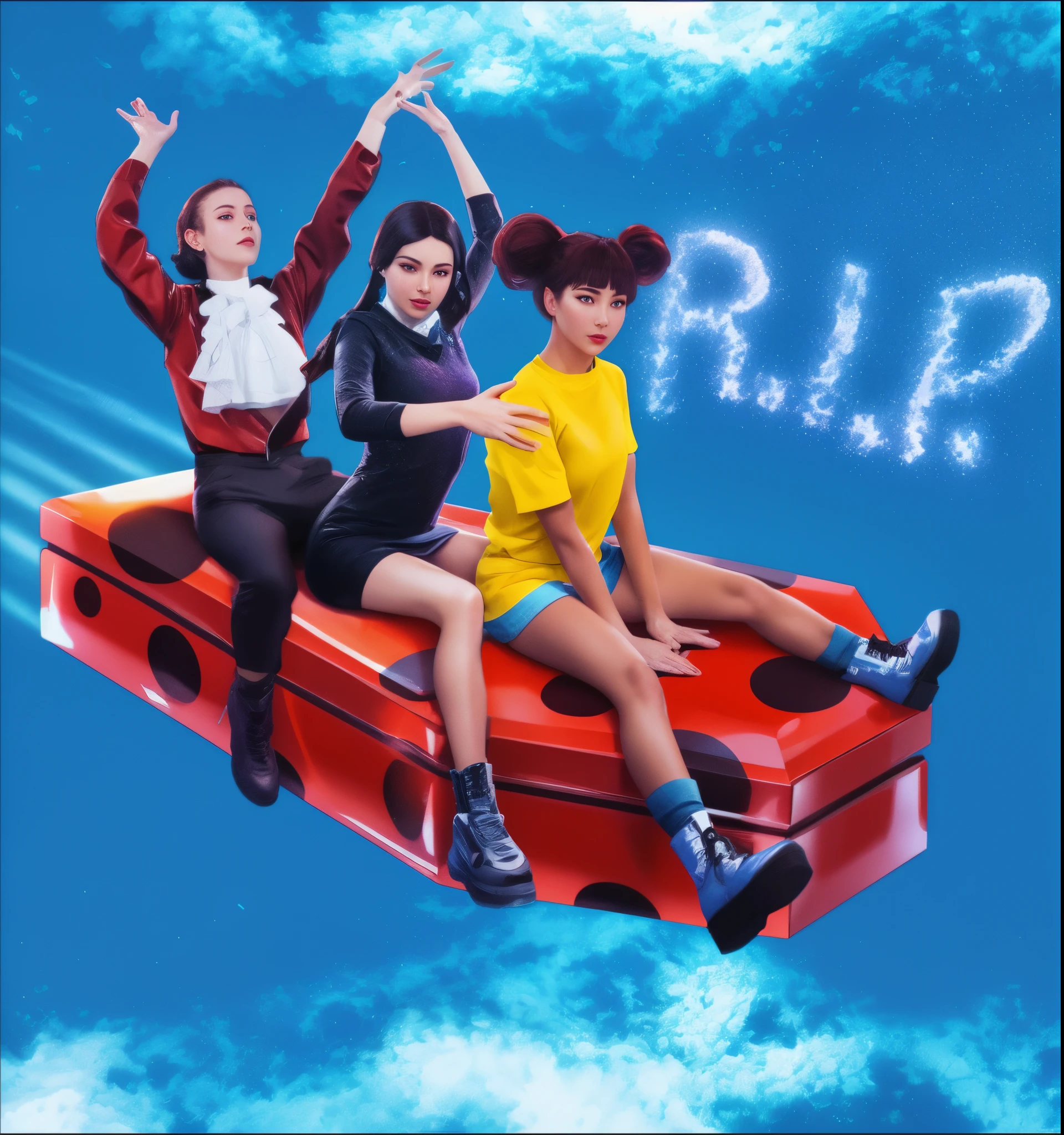 realistic photorealistic, 3 d, 3d, there are two girls and one boy sitting on a red coffin with a sky background, rip, promotional art, promotional image, album art, movie promotional image, advert, advertising photo, official artwork, promo image, promotional artwork, ray tracing, masterpiece, best quality, ultra quality, absurd details, best light, best shadow, sharp, sharp image, rim light, rimlight, detailed, extremely detailed, great resolution, 8k, 4k, uhd, particle effects, beautiful effects, vivid colors