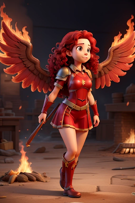 girls,red long curly hair,Bronze armor,red phoenix wings,Burning flames,frontage,Q version