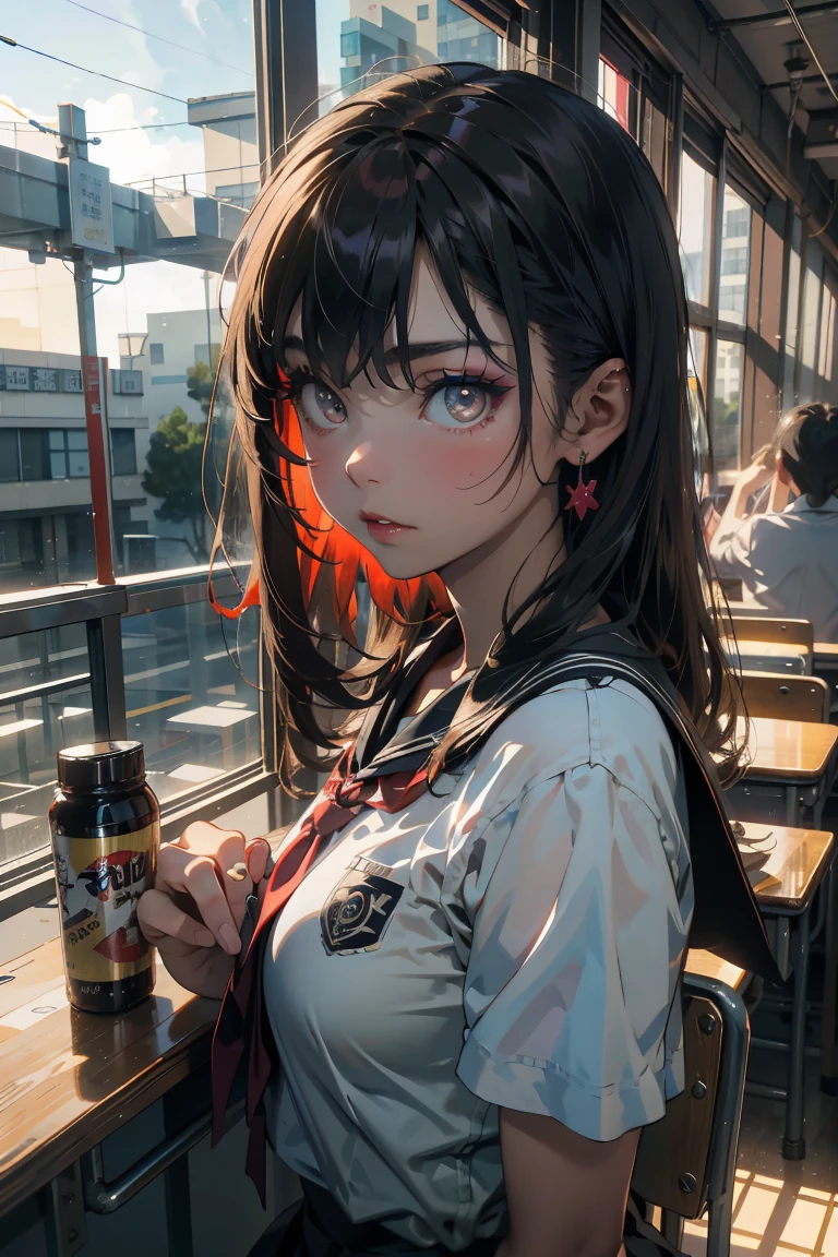 a 20 yo woman、A dark-haired、(hi-top fade:1.3)、dark themed、Muted Tones、Subdued Color、highly contrast、(natural skin textures、Hyper-Realism、Soft light、sharp)、(masutepiece:1.2, Best Quality), (real picture, Intricate details), (1lady, Solo, Upper body, Big Tits)
Clothes: Edgy, Avant-garde, experimental
appearance: Shaved head or bold hair color, Dramatic makeup, Unconventional fashion choices
behavior: defiance, non-conformist, place of provocation: urban art district, Underground Music Scene
hobby: attending punk shows, creating mixed media art, Try different subcultures
values: individuality, authenticity, Creative Expression Inspiration: Punk rock music, Counterculture icons, Characters of the avant-garde movement: Bold, boldness, Unconventional.,masterpiece、white backgrounid、18-year-old woman、there is a woman sitting on a chair in a classroom, in class room, sitting in classroom, a hyperrealistic schoolgirl, Japan school uniform, japanese high school, japanese girl school uniform, a hyperrealistic schoolgirl, of a schoolgirl posing, wearing japanese school uniform, Cute Schoolgirl, full subject in shot, Pupils, Realistic Schoolgirl, In the classroom of the school、A dark-haired、waist-length hair、