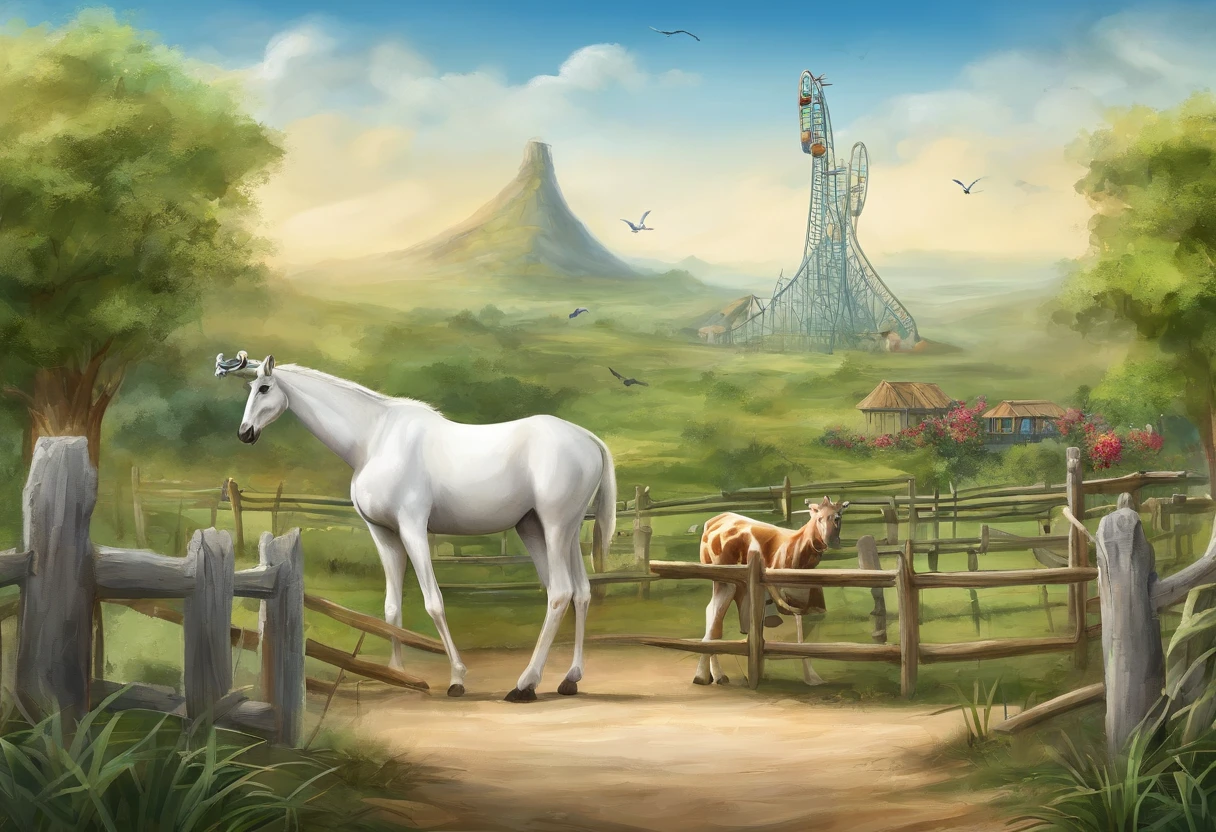 This image depicts a vibrant zoo or wildlife sanctuary。There is a tall giraffe in the foreground,The spot pattern on the fur is clearly visible,it stands quietly,It seems to be gazing into the distance。Not far from it,A brown monkey sitting on a stone,There are a few turtles scattered around。In the background,A white horse can be seen next to a wooden fence。Deep in the picture is a field of green trees,and a giant blue roller coaster structure.,Revealing that this is a natural scenic spot combined with entertainment facilities。The entire scene is covered by clear blue sky and floating white clouds,several birds flying in the sky,It adds a peaceful and harmonious atmosphere to this picture。