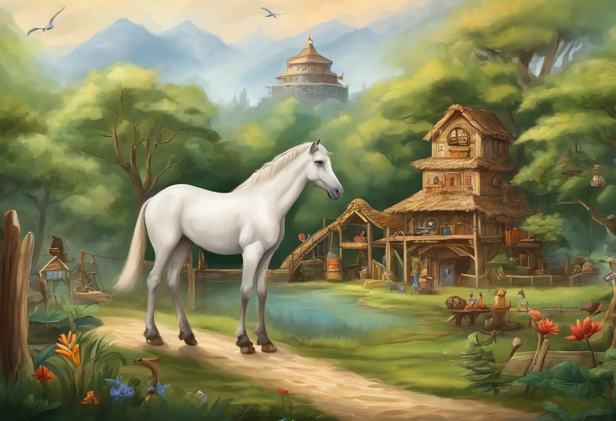 This image depicts a vibrant zoo or wildlife sanctuary。There is a tall giraffe in the foreground,The spot pattern on the fur is clearly visible,it stands quietly,It seems to be gazing into the distance。Not far from it,A brown monkey sitting on a stone,There are a few turtles scattered around。In the background,A white horse can be seen next to a wooden fence。Deep in the picture is a field of green trees,and a giant blue roller coaster structure.,Revealing that this is a natural scenic spot combined with entertainment facilities。The entire scene is covered by clear blue sky and floating white clouds,several birds flying in the sky,It adds a peaceful and harmonious atmosphere to this picture。