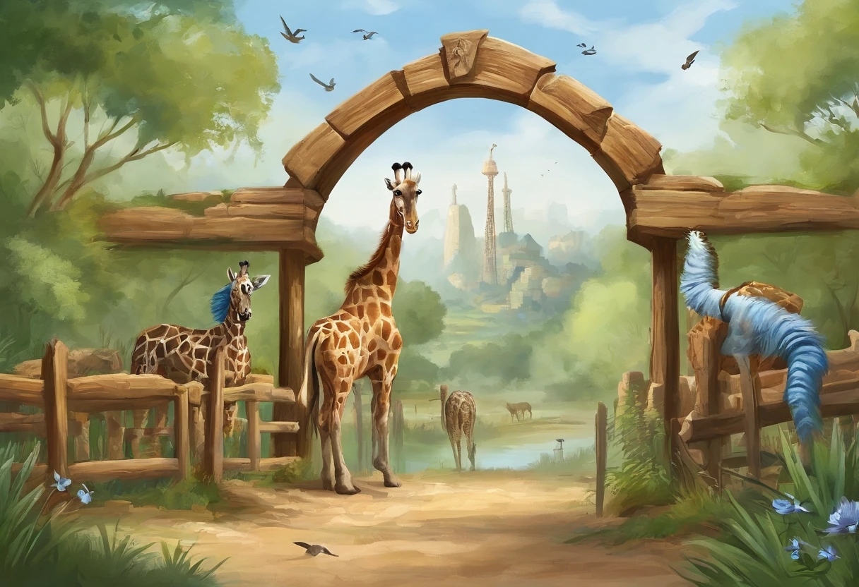 This image depicts a vibrant zoo or wildlife sanctuary。There is a tall giraffe in the foreground,The spot pattern on the fur is clearly visible,it stands quietly,It seems to be gazing into the distance。Not far from it,A brown monkey sitting on a stone,There are a few turtles scattered around。In the background,A white horse can be seen next to a wooden fence。Deep in the picture is a field of green trees,and a giant blue roller coaster structure.,Revealing that this is a natural scenic spot combined with entertainment facilities。The entire scene is covered by clear blue sky and floating white clouds,several birds flying in the sky,It adds a peaceful and harmonious atmosphere to this picture。