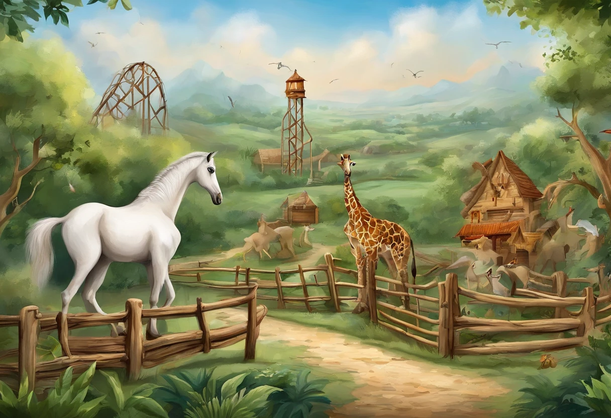 This image depicts a vibrant zoo or wildlife sanctuary。There is a tall giraffe in the foreground,The spot pattern on the fur is clearly visible,it stands quietly,It seems to be gazing into the distance。Not far from it,A brown monkey sitting on a stone,There are a few turtles scattered around。In the background,A white horse can be seen next to a wooden fence。Deep in the picture is a field of green trees,and a giant blue roller coaster structure.,Revealing that this is a natural scenic spot combined with entertainment facilities。The entire scene is covered by clear blue sky and floating white clouds,several birds flying in the sky,It adds a peaceful and harmonious atmosphere to this picture。