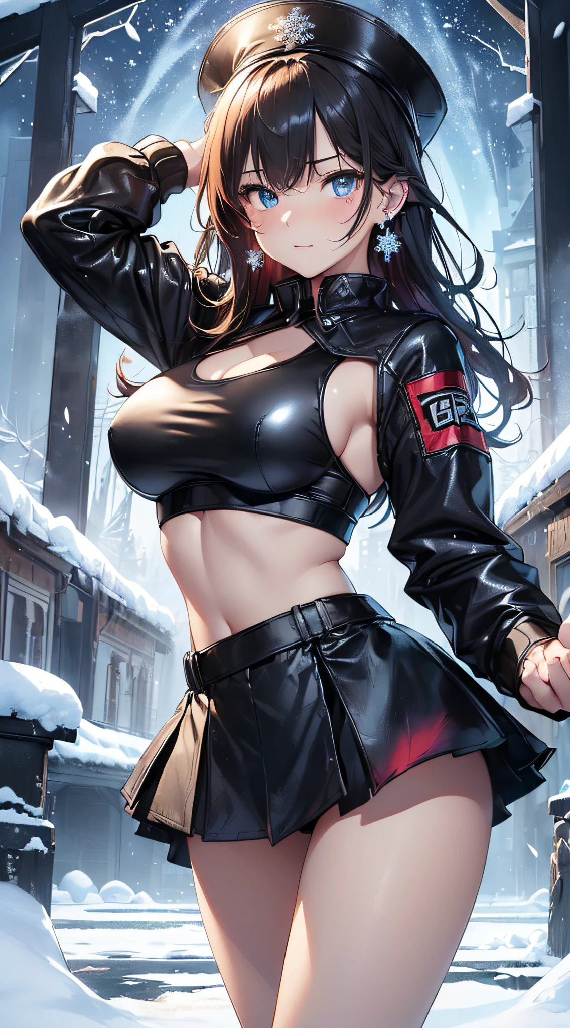 top-quality、Top image quality、​masterpiece、girl with((Black Leather Sports Bra、black rollout jacket、Black leather skirt、、teen ager、cute lit Bust、big bast,Beautiful light blue eyes、Breasts wide open, a blond、A slender,Large valleys、belligerent movements,Holding a handgun、dye one's cheeks red、fighting poses、Laugh、sapphire earrings、exhale white)),hiquality、Beautiful Art、Background with((universes、snowflakes falling、Heavy snow falls、Burning Fire)))、masutepiece、depth of fields,8K