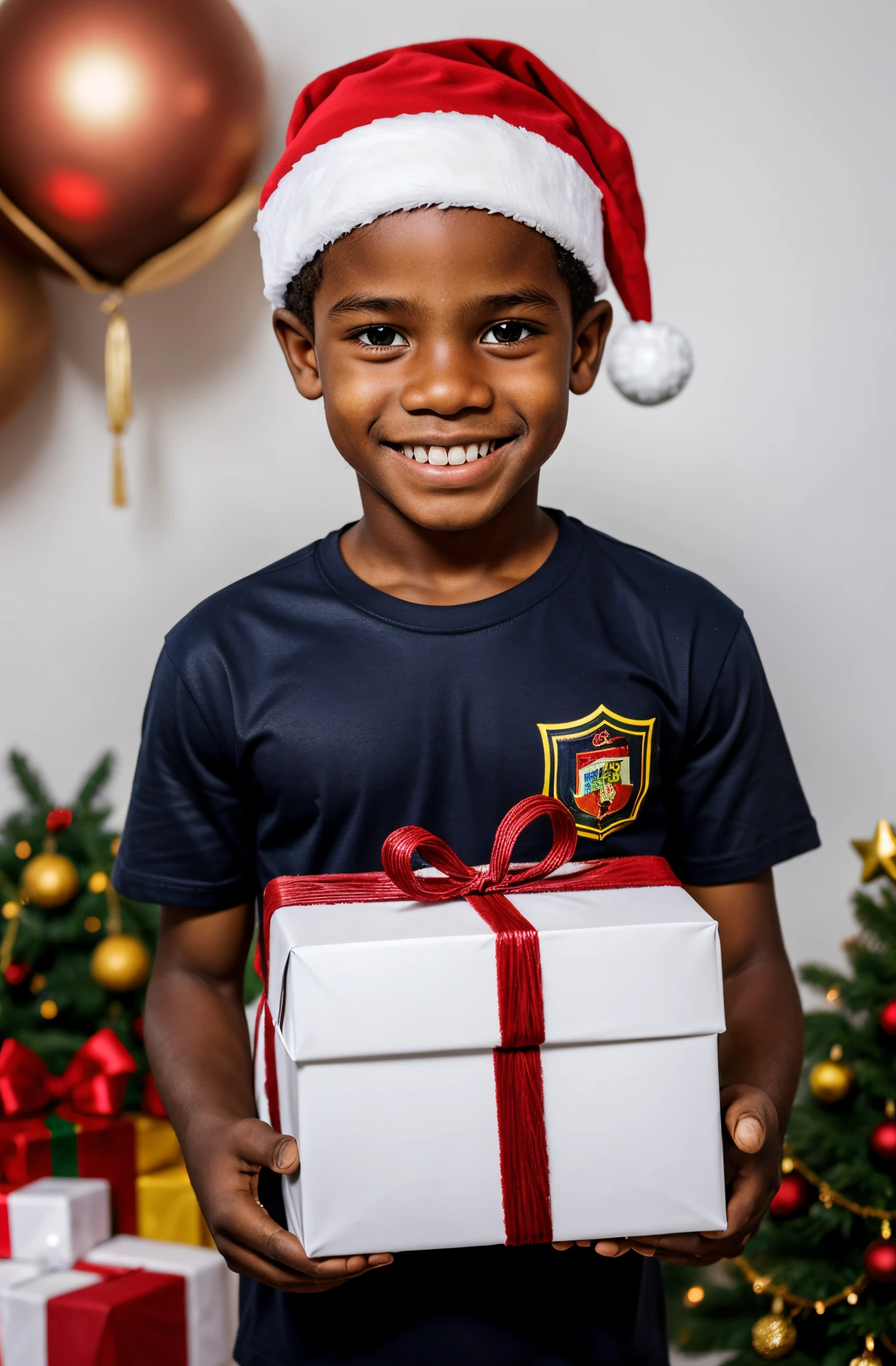 Um ****** africano, ****** de pele preta, ****** de pele escura, ****** de angola, 11 anos de idade, wearing a Santa hat in a completely white studio, o ****** de 11 anos de idade angolano com o gorro de natal, holds a big white box of gifts and is happy about it, o ****** africano tem cabelo crespo, cabelo du8ro, cabelos encaracolados, o ****** de pele escura, africano angolano de tshirt branca e gorro de papai noelusa uma tshirt toda branca sem desenhos.