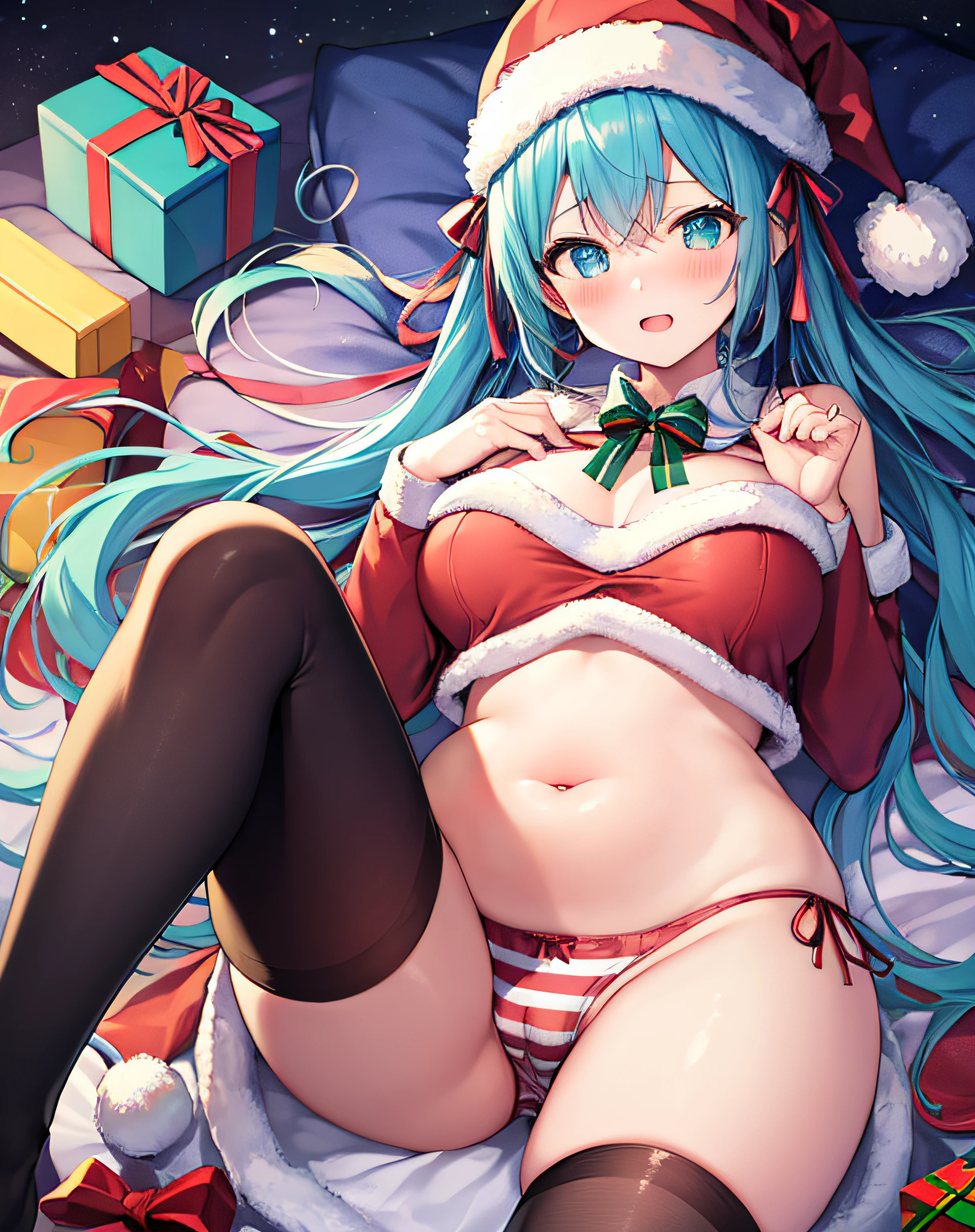 masterpiece、Top image quality、超A high resolution、NSFW、miku hatsune、blue hairs、Twin-tailed、Blushing、Cute and shy、Santa costume with belly button exposed、Santa costume miniskirt that is slightly turned up、Wearing a Santa Hat、large firm breasts、well-shaped breasts、well-shaped navel、knee sox、Striped panties、There are some small gift boxes、Night、Christmas