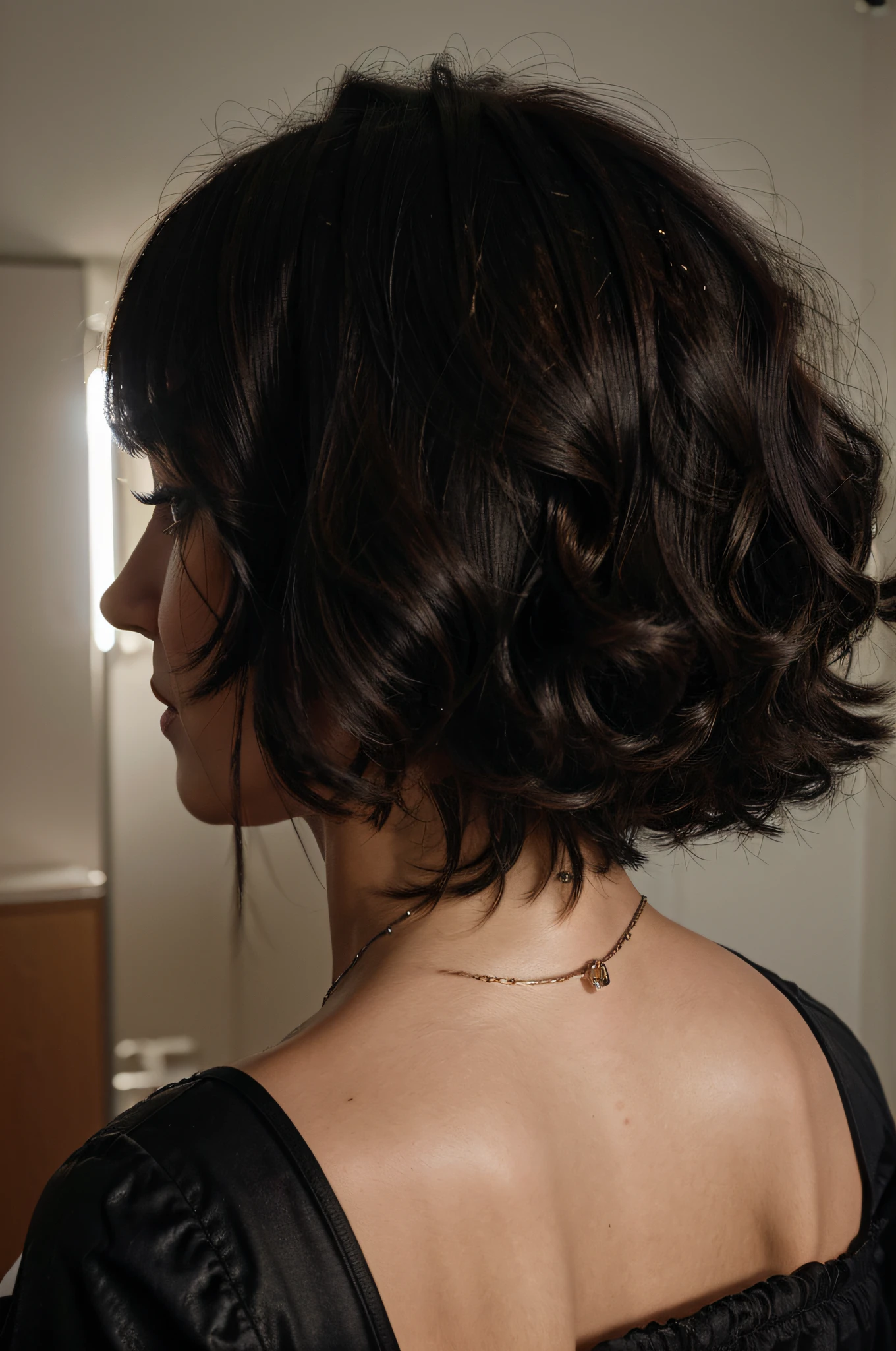 super realistic high resolution cinematic photo of a tousled medium black Chanel bob hair. rear view only
