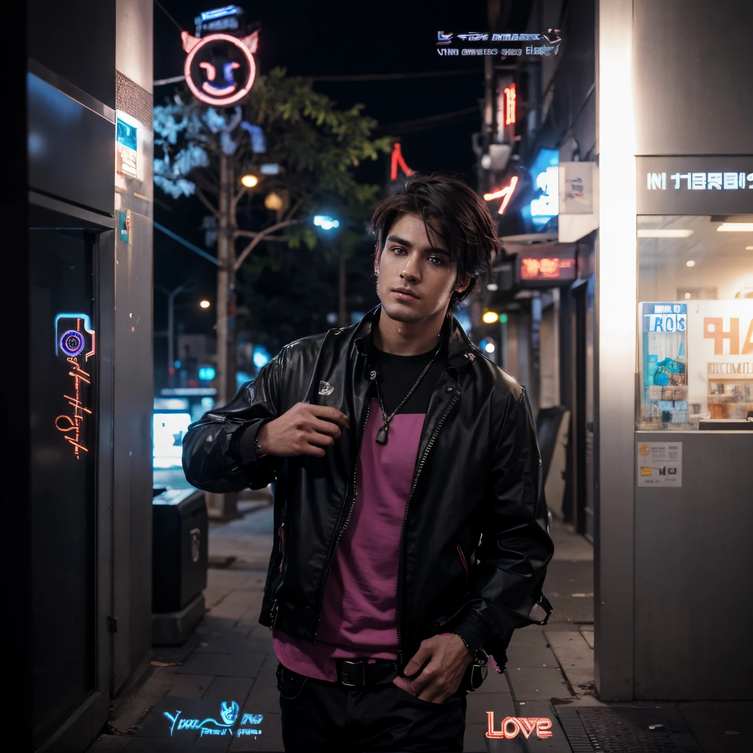 Change background cyberpunk handsome boy ,real face 8k ultra realistic with face