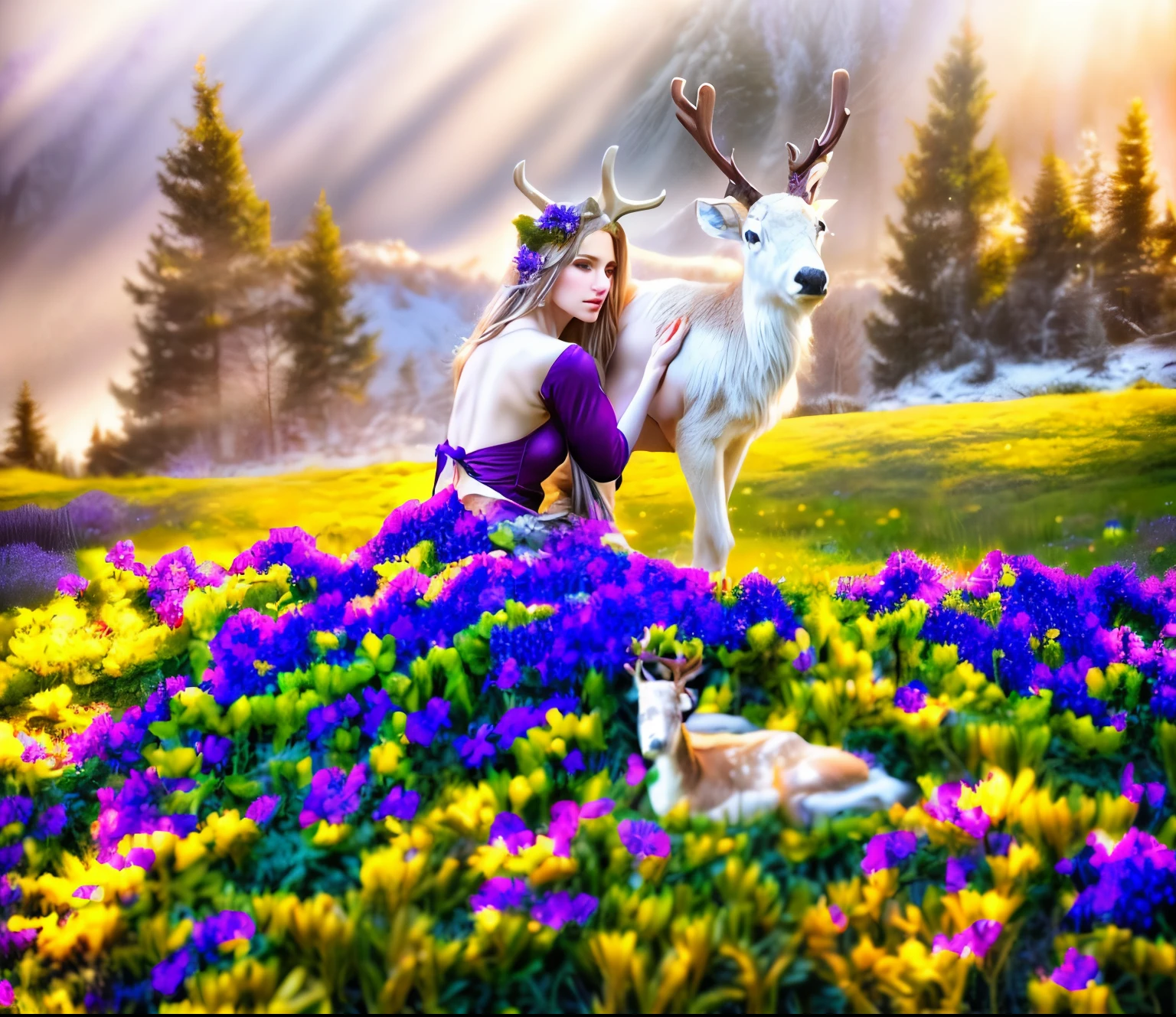 (a woman in a white++++++ gown), (sitting with deer in the snow), (((graceful horns on the head))), ((((((with beautiful purple flowers around her)))))), ((small reindeer in flowers: 1,75)), Fantasy photography, fantasy matte painting, (Nymphs and satyr), ((((Volume)))), an epic fantasy, lost in a dreamy fairy landscape, The White Witch, Young woman with horns, Lucia Peka, ethereal fairytale, beautiful nordic woman, with white deer, Realistic fantasy photography, inspired by William Bouguereau, Pale ivory skin