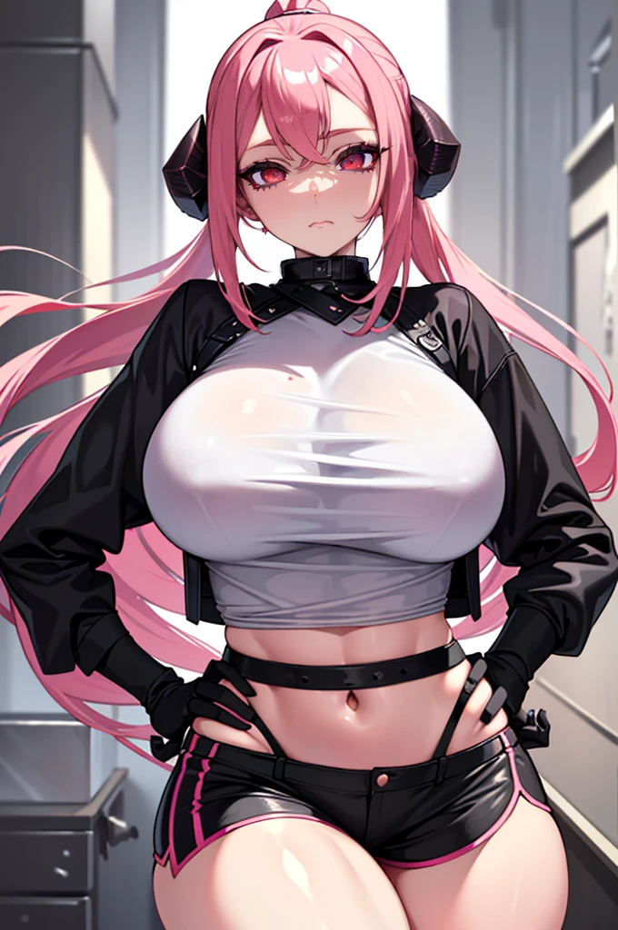 Masterpiece, best quality, 1 girl, long hair, Beautiful Eyes, Perfect Eyes, ((Pink Hair)), ((long hair)), ((Short white top with a black thigh shorts))), ((Standing)), ((Hair tied up, hair in a one ponytail, posing with hands on hips)), Sexy, Sensual, Red eyes, ((Nice Thighs, Huge Boobs, Huge Breasts)), adult woman, seductive, big bust, Succubus tiny Horns, ((Thin Horns)), (Lovely Look:0.7, Happy Look, Smile, Excited Look), Inside a clothing store, several clothes around, clothing saleswoman in the background, trying on an outfit, shy look at viewer viewer, ((Casual clothing))