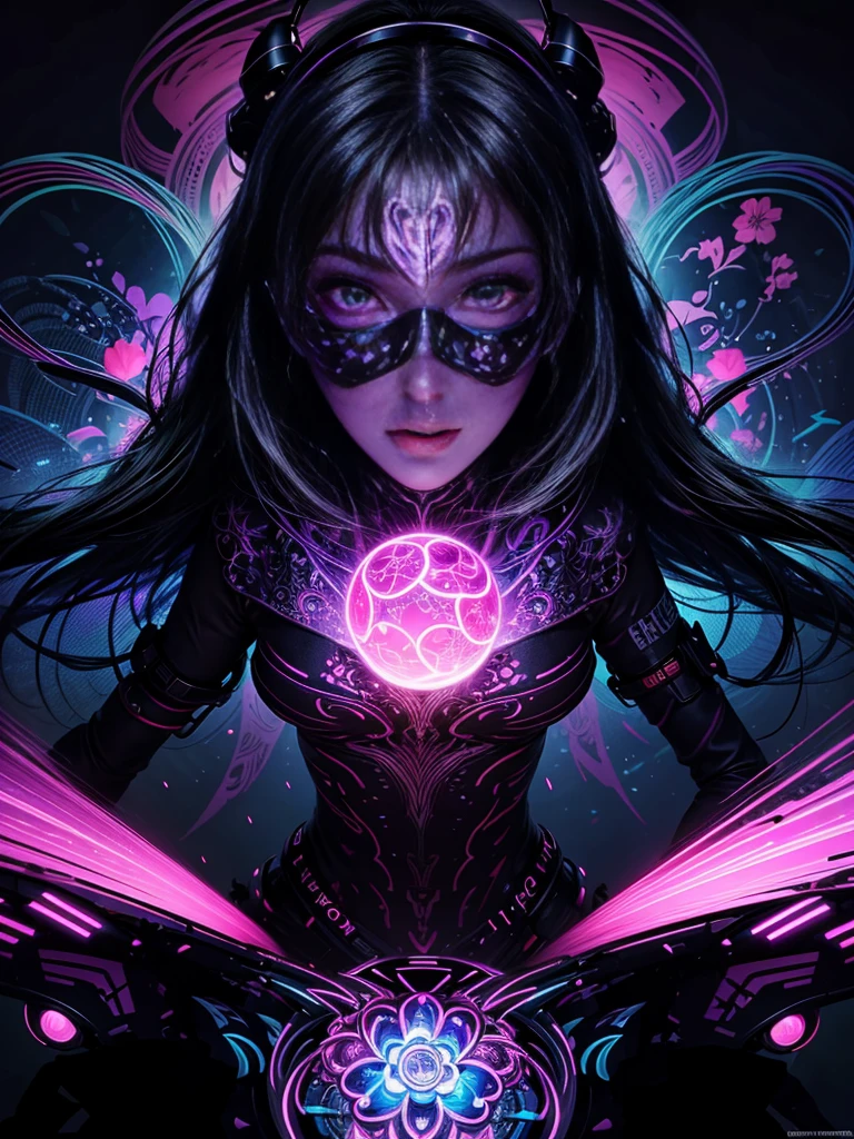 Highest image quality，ultra - detailed，Black light art，cyber punk perssonage，neon colored，Vibrant glow，Psychedelic pattern，Abstract figures，fluid movement，UV reactive pigments，Surreal elements，dramatic lights，Light and shadow interlace