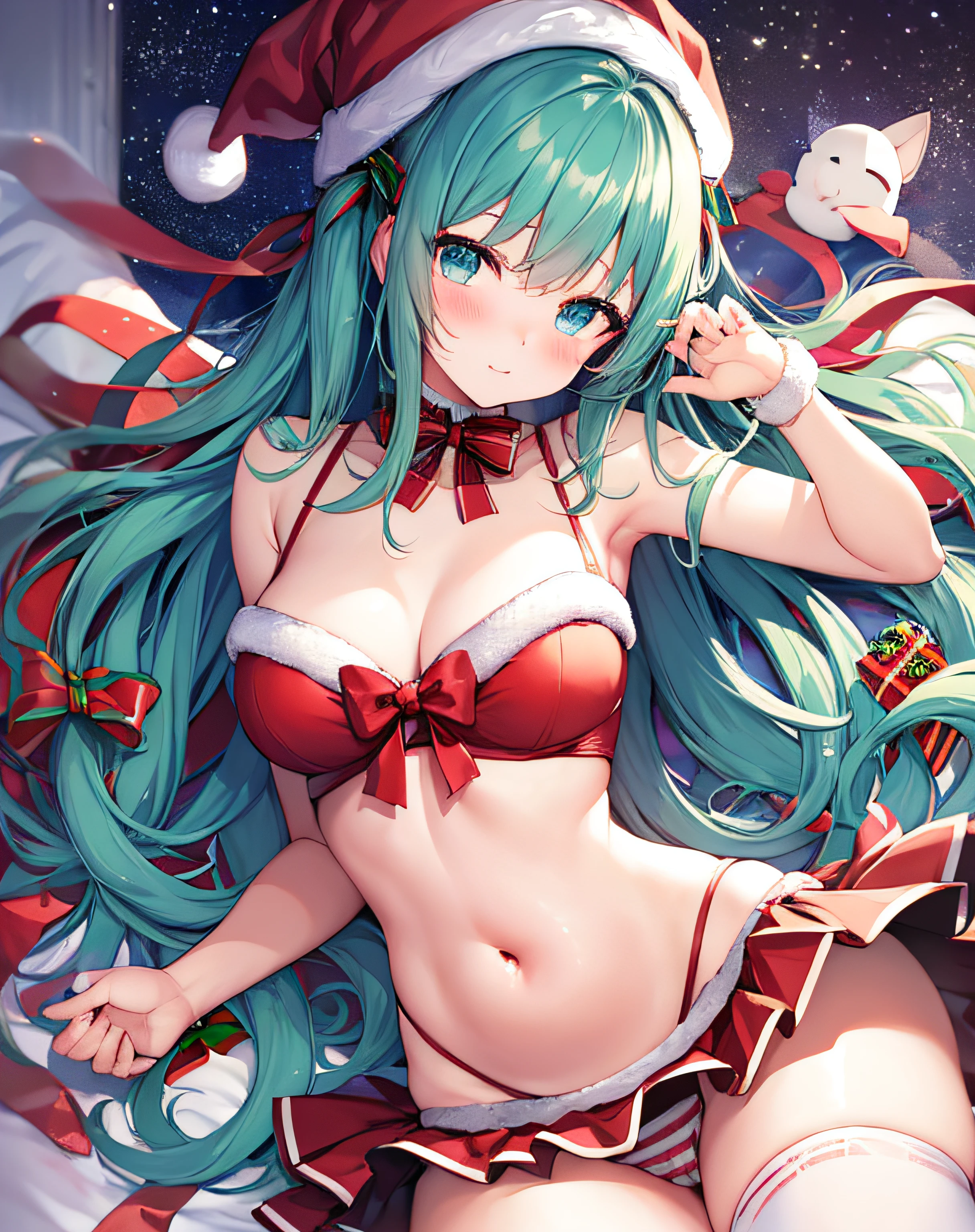 masterpiece、Top image quality、超A high resolution、NSFW、miku hatsune、blue hairs、Twin-tailed、Blushing、Cute and shy、Santa costume with belly button exposed、Santa costume miniskirt that is slightly turned up、Wearing a Santa Hat、large firm breasts、well-shaped breasts、well-shaped navel、knee sox、Striped panties、There are some small gift boxes、Night、Christmas