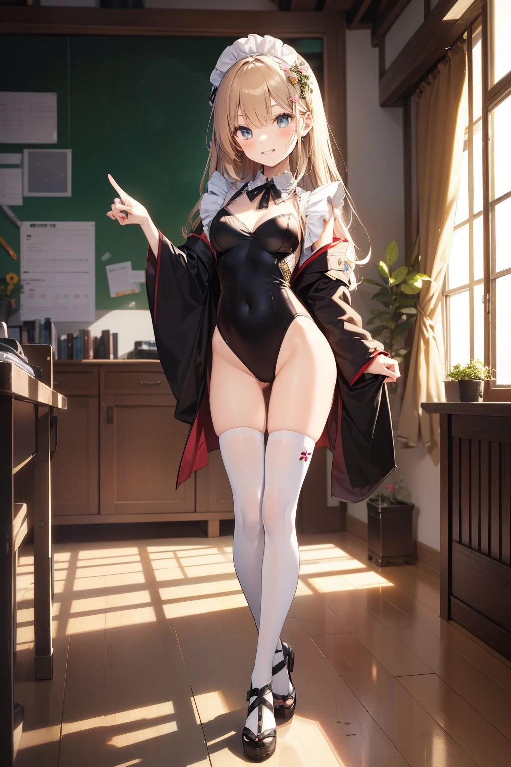 ((2D beautiful girl、top-quality、Perfect Finger 1.1、Perfect Anatomy 1.1、extremely delicate and beautiful illustration))、cute petit girl、(transform sequence)、((Maid style leotard))、ers old、menthiquita、Fractal Art、baby-face、((stright long ))、beul detailed eyes、Show your teeth and have the best smile、Full Body Display、(1 persons)、(Kimono-style leotard)、Unmanned bright classroom、The costumes are also brightly colored.、