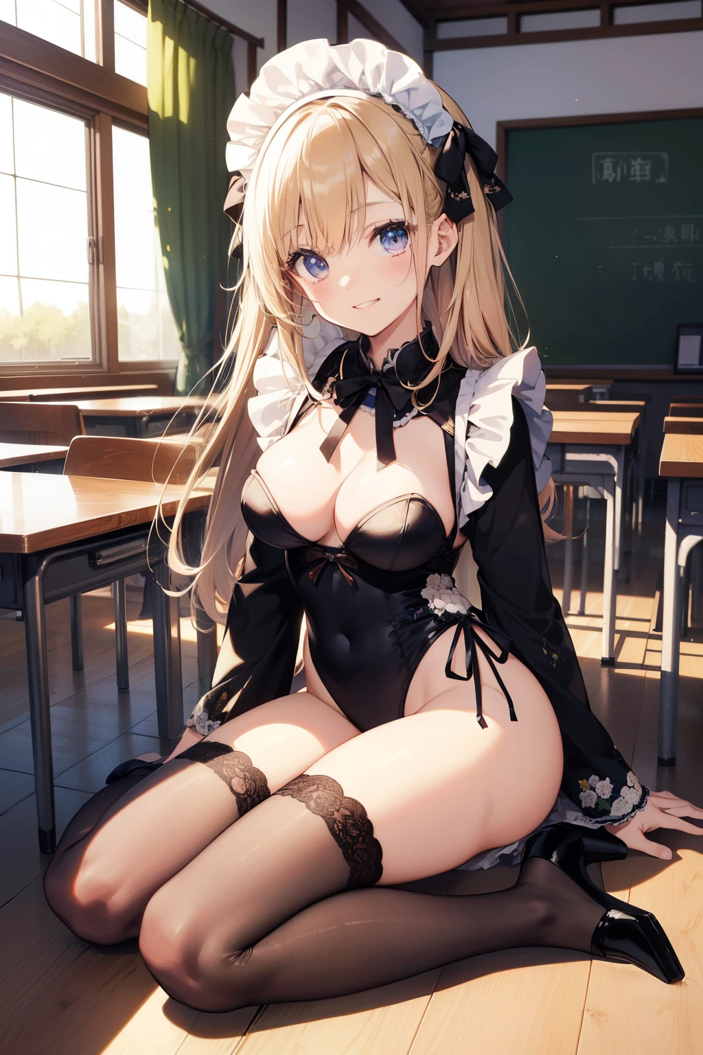 ((2D beautiful girl、top-quality、Perfect Finger 1.1、Perfect Anatomy 1.1、extremely delicate and beautiful illustration))、cute petit girl、(transform sequence)、((Maid style leotard))、10yaers old、elementary student、Lori、Chiquita、Fractal Art、baby-face、((stright long hair))、beatiful detailed eyes、Show your teeth and have the best smile、Full Body Display、(1 persons)、(Kimono-style leotard)、Unmanned bright classroom、The costumes are also brightly colored.、