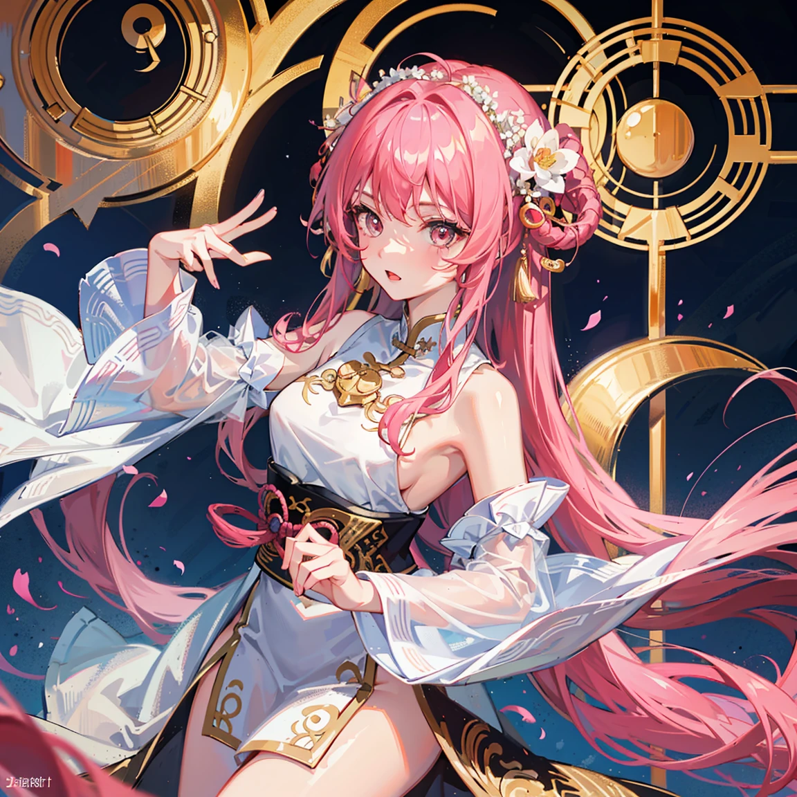 The female emperor Chinese style golden-red phoenix crown burgundy hair is white，Long eyelashes, golden red pupils, small nose, small ears, thin neck, blue-gold pendant around the neck, wearing gold as the main body, red embellishment, white outlined long skirt, ten fingers, slender ring finger, light red diamond ring, feet wearing high heels