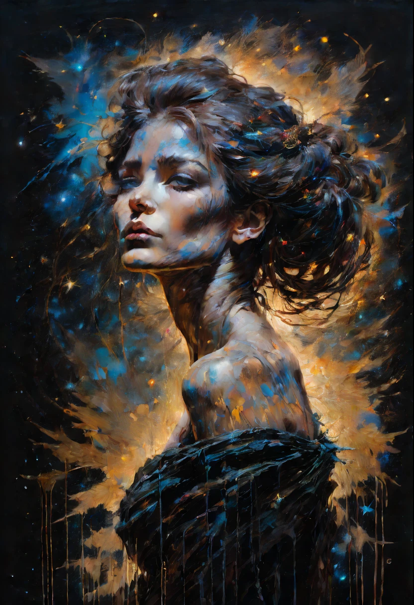 Art by Frank Frazetta, Carne Griffiths ,Beautiful face, Cute, girl, Starry Night, Black dress, Full body painting, glowing skin, Oil paint painting, 8k, intricate painting, clarity in details, vivid and warm colors.