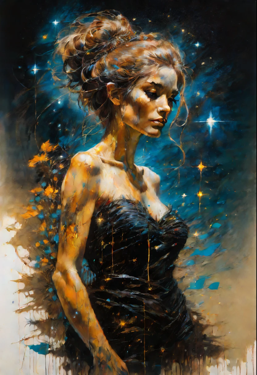 Art by Frank Frazetta, Carne Griffiths ,Beautiful face, Cute,   girl, Starry Night, Black dress, Full body painting, glowing skin, Oil paint painting, 8k, intricate painting, clarity in details, vivid and warm colors.