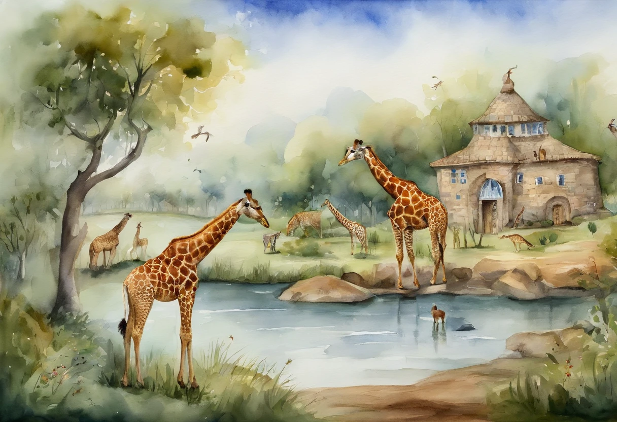 zoo。giraffes,A brown monkey sitting on a stone,There are several turtles scattered around in the water。A white horse next to a wooden fence。Deep in the picture is a field of green trees,In the distance are buildings,blue roller coaster,several birds flying in the sky,