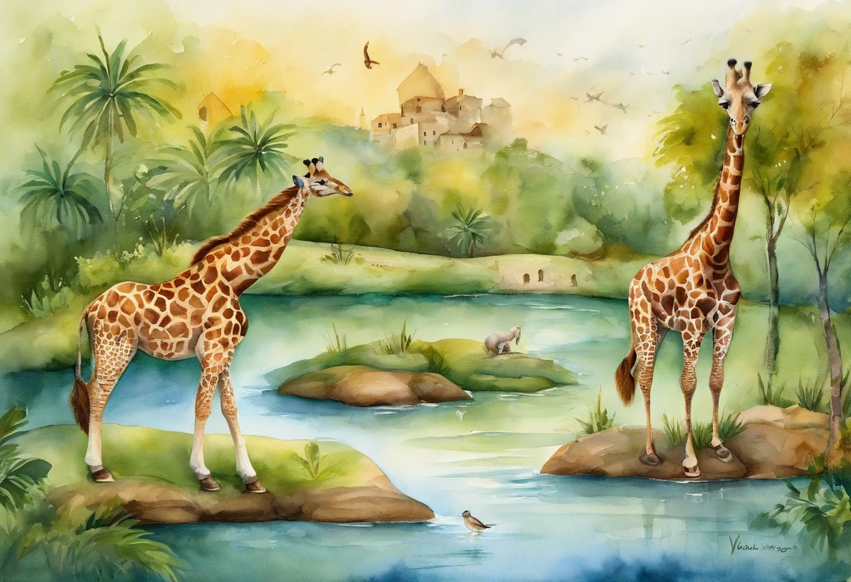 zoo。giraffes，A brown monkey sitting on a stone，There are several turtles scattered around in the water。A white horse next to a wooden fence。Deep in the picture is a field of green trees，In the distance are buildings，blue roller coaster，several birds flying in the sky，