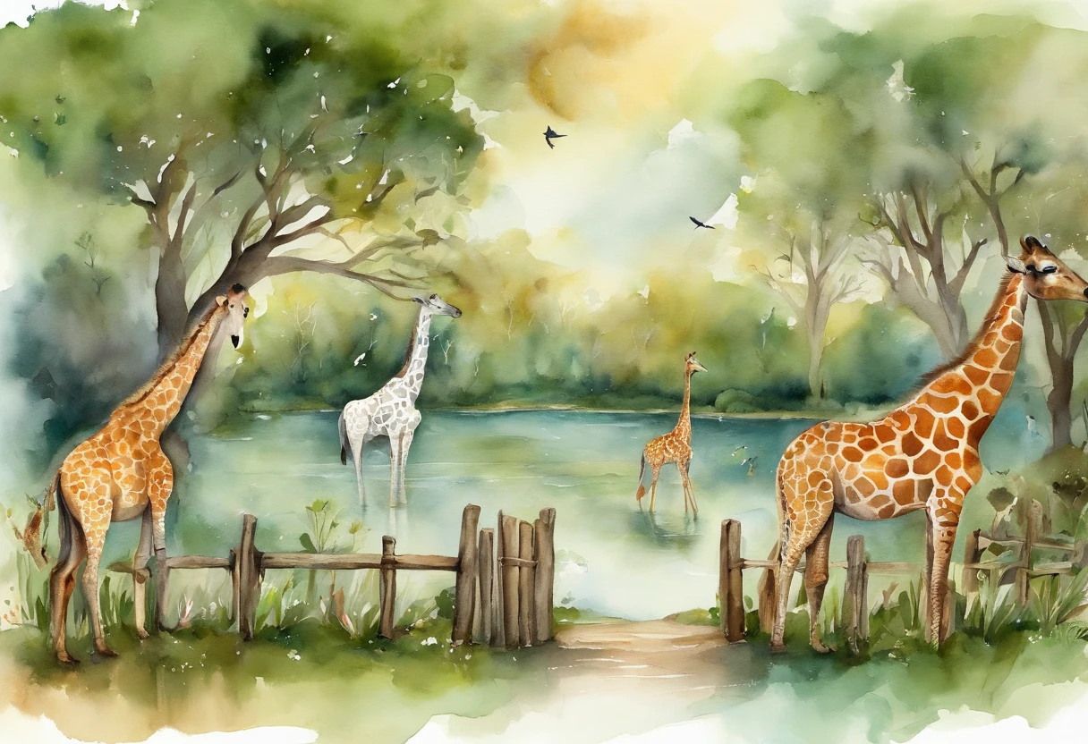 zoo。giraffes，A brown monkey sitting on a stone，There are several turtles scattered around in the water。A white horse next to a wooden fence。Deep in the picture is a field of green trees，In the distance are buildings，blue roller coaster，several birds flying in the sky，