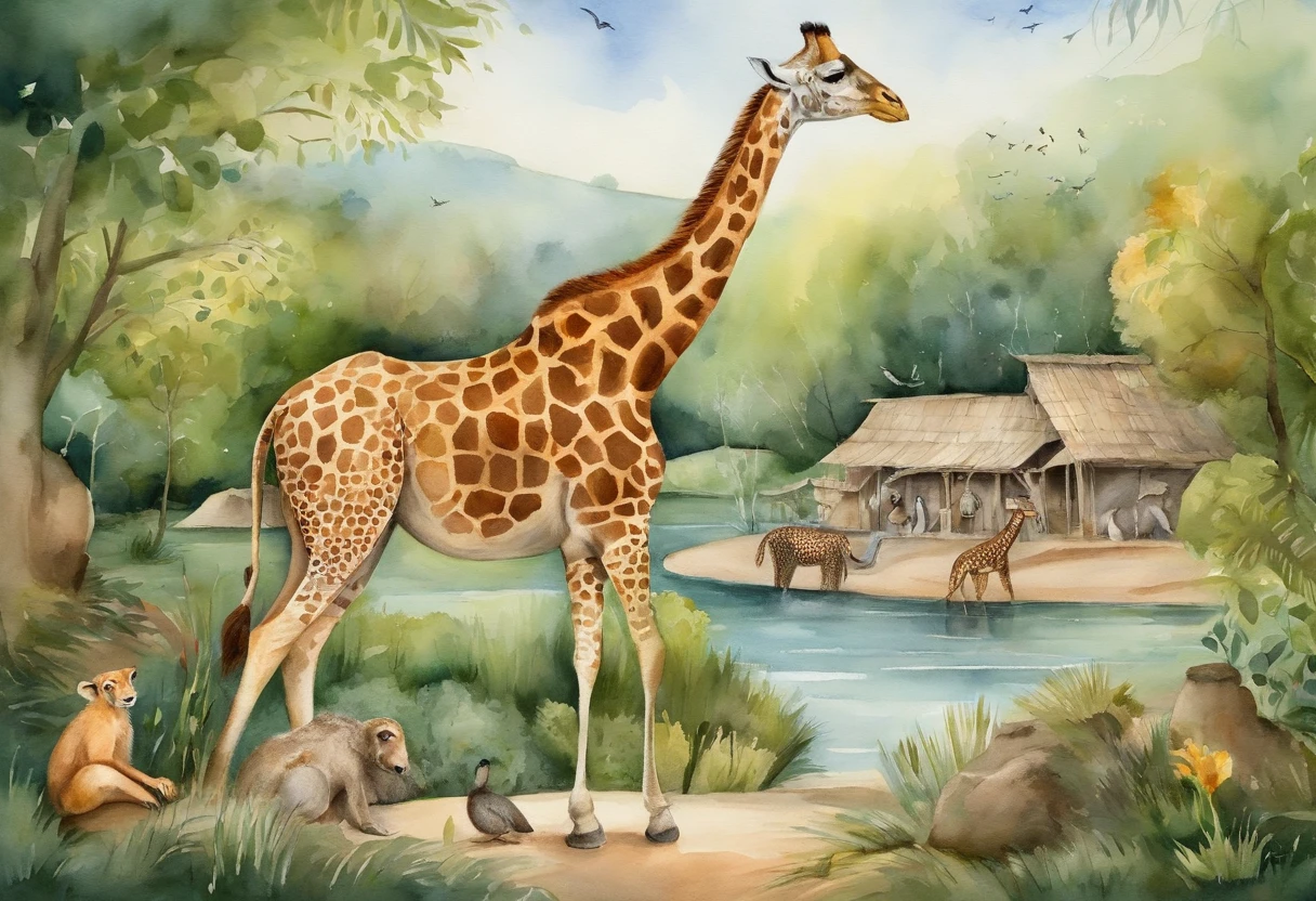 zoo。giraffes，A brown monkey sitting on a stone，There are several turtles scattered around in the water。A white horse next to a wooden fence。Deep in the picture is a field of green trees，In the distance are buildings，blue roller coaster，several birds flying in the sky，