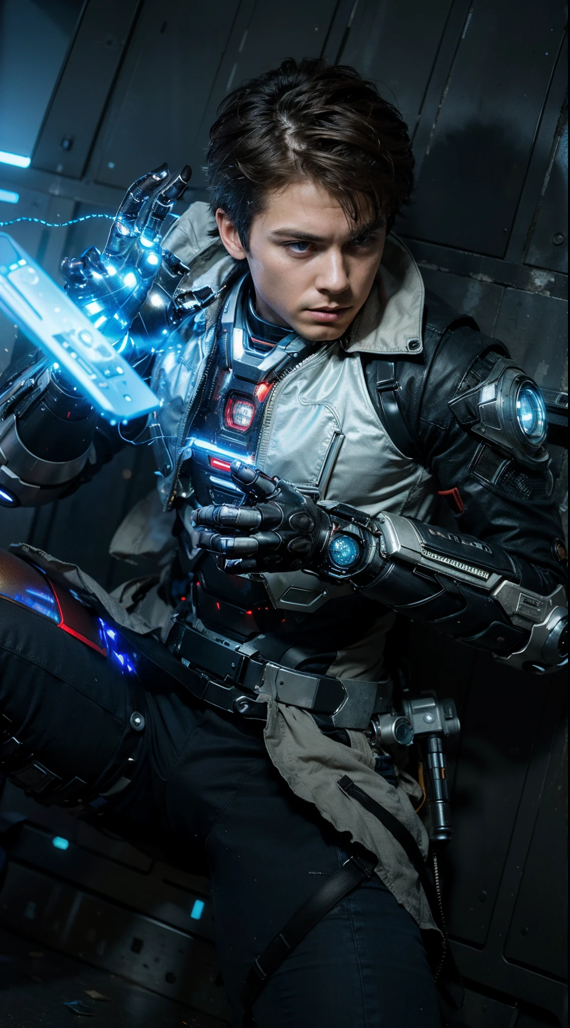 (1boy:1.3), solo,__body-parts__, official art, unity 8k wallpaper, ultra detailed, handsome and aesthetic,l, masterpiece, best quality, RAW, masterpiece, super fine photo,, best quality, super high Resolution, photorealistic, sunlight, full body portrait, boy 1, handsome, masculine, cool, dynamic pose, delicate face, blue eyes, (side view), she is wearing a futuristic Iron Man mech, red and gold, Highly detailed abandoned warehouse background, detailed face, detailed complex busy background, messy, gorgeous, milky, high detailed skin, realistic skin details, visible pores, sharp focus, volumetric fog, 8k uhd, dslr camera, High quality, film grain, fair skin, photorealism, lomography, sprawling metropolis in a futuristic dystopia, view from below, translucent