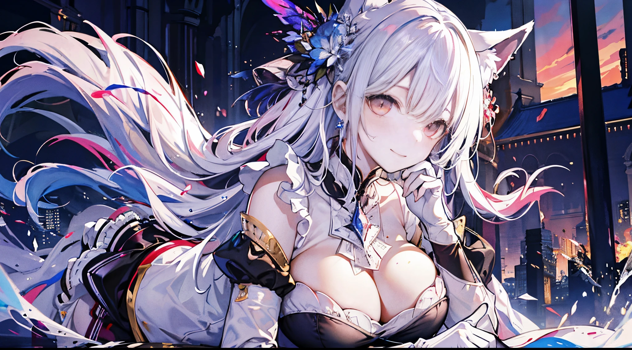 ((tmasterpiece:1.4,Best quality))+,(hyper-detailing)+,(詳細な目:1.5)+,(fox ear:1.5),(cute girls),(gold eyes:1.5),(Long gray hair:1.5),(fox tails:1.2),pale-skinned,seduct smile,red crystal earrings,(Red maid outfit:1.5),(black ribbon,White stockings,White apron:1.4),red silk gloves,Golden Palace,tropical garden,(Classical maid:1.1),(dawn light:1.2),(Thick black and white:1.16),(depth of fields:1.4),Complicated details,color mixing,Detailed route,Excellent,super detailing,The content is very detailed,(hight contrast:1.11),ventania,Amazing cleavage,beautidful eyes,messy hair,(best illuminate,Extremely Delicately Beautiful), ((movie light lighting)), (elevation perspective:1.3),8K,tmasterpiece,Best quality,cinematic Film still from,1 plump girl,(Close-up cleavage:1.1),bright,Interesting,gentlesoftlighting,(bauhause,shape,line engineering,Abstract:1.1)offcial art, Unity 8k壁纸, ultra - detailed, Beautiful and beautiful, tmasterpiece, Best quality, (dynamic angle:1.4),Perfect NwsjMajic,(tmasterpiece,top-quality,Best quality,offcial art,Beauty and aesthetics:1.2),The content is very detailed,rich colourful,highest details,